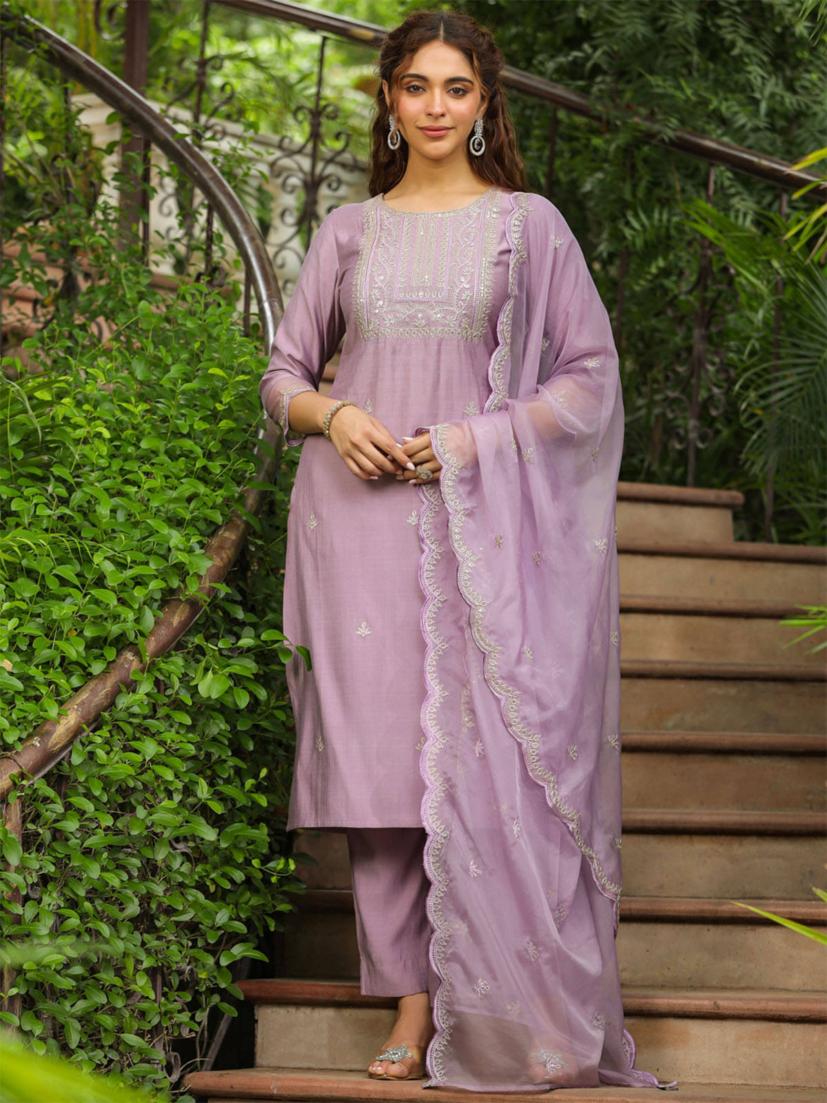     			Janasya Silk Blend Embroidered Kurti With Pants Women's Stitched Salwar Suit - Lavender ( Pack of 1 )