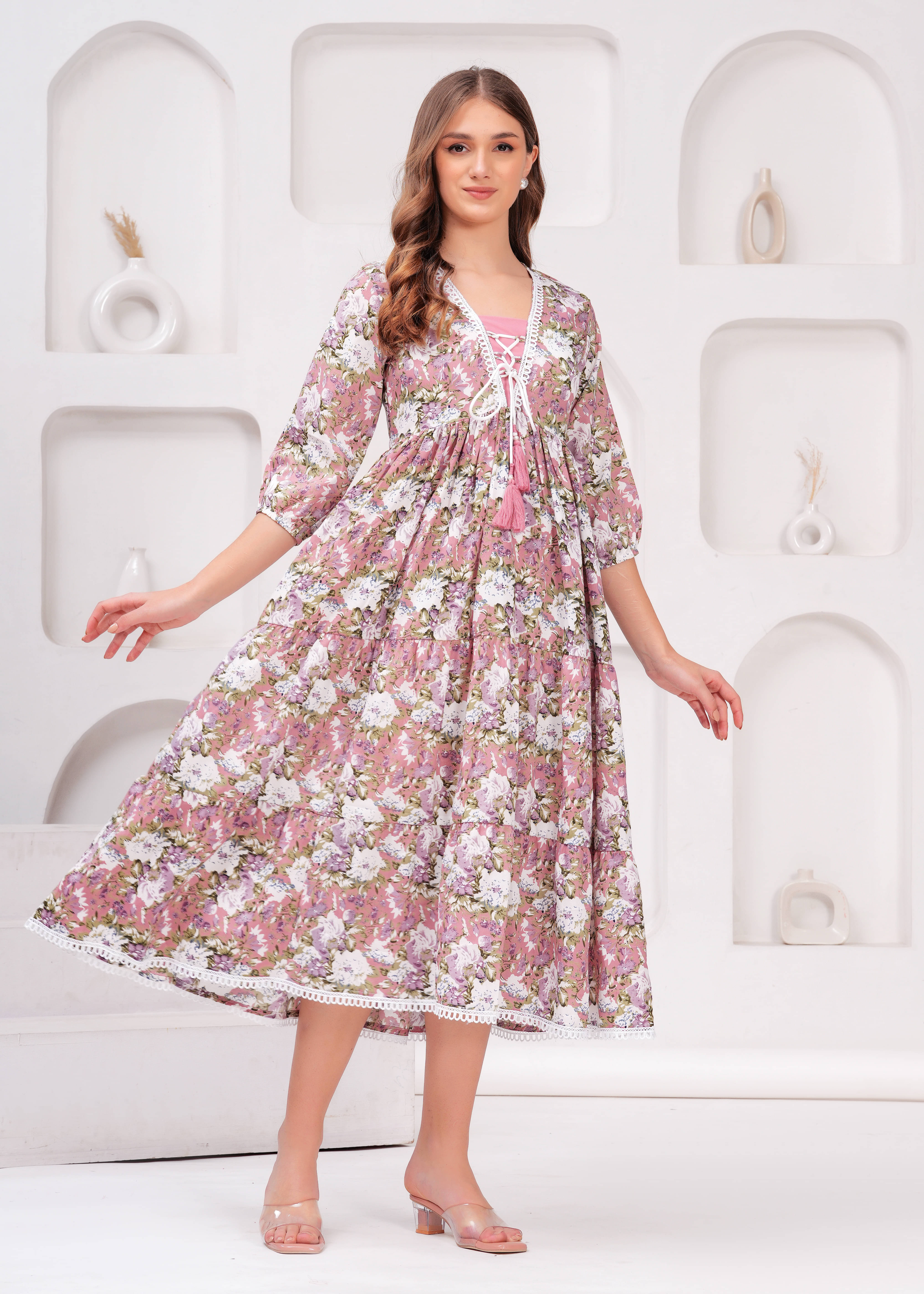 Jyoti Women Crepe Printed Fit & Flare Dress ( Pink )     			Jyoti Women Crepe Printed Fit & Flare Dress ( Pink )