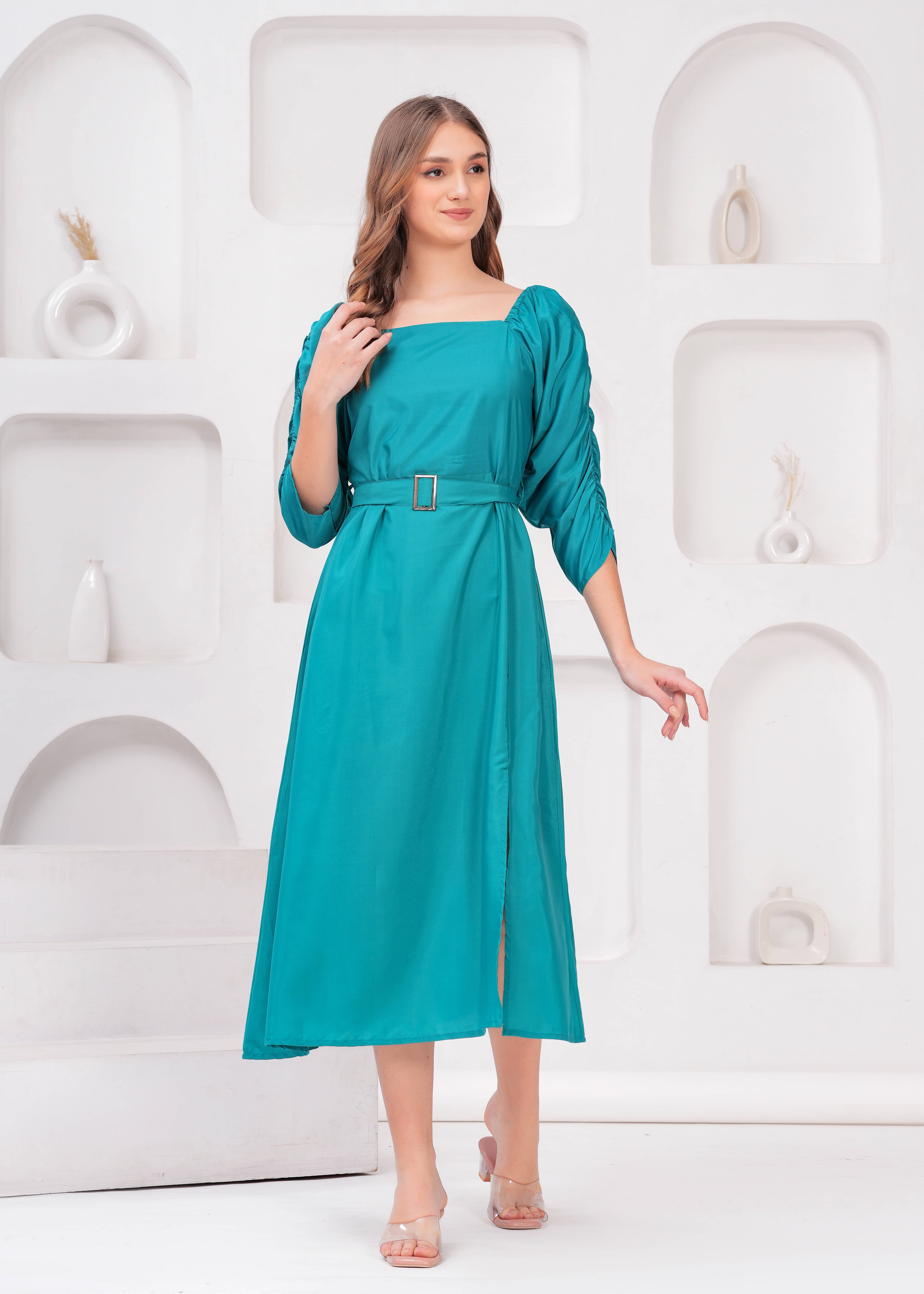 Jyoti Women Crepe Solid Side Slit Dress ( Light Blue ) Jyoti Women Crepe Solid Side Slit Dress ( Light Blue )