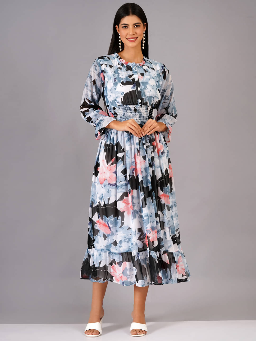 Jyoti Georgette Printed Midi Women's Fit & Flare Dress - Black ( Pack of 1 ) Jyoti Georgette Printed Midi Women's Fit & Flare Dress - Black ( Pack of 1 )