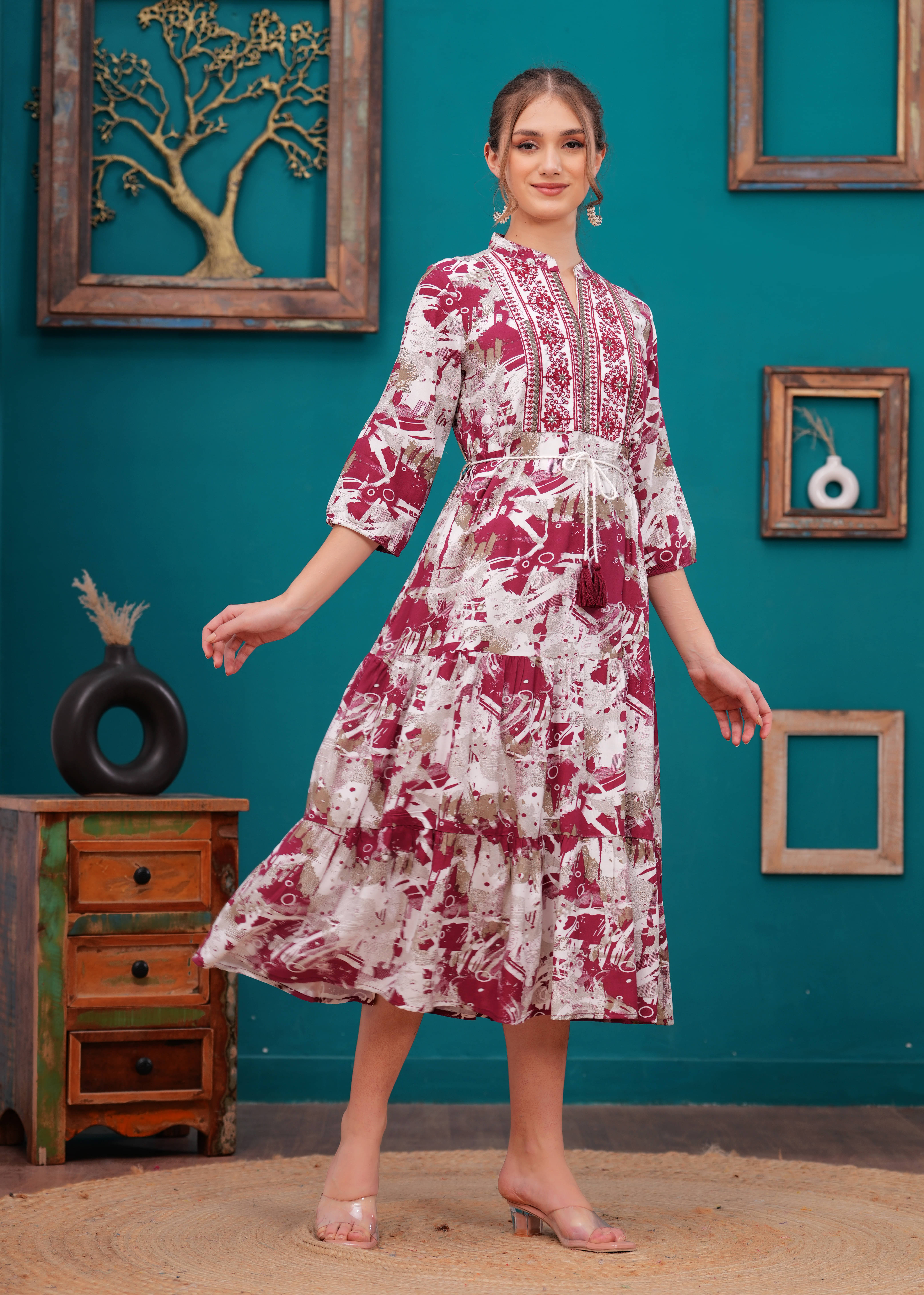 Jyoti Women Viscose Printed Fit & Flare Dress ( Maroon ) Jyoti Women Viscose Printed Fit & Flare Dress ( Maroon )