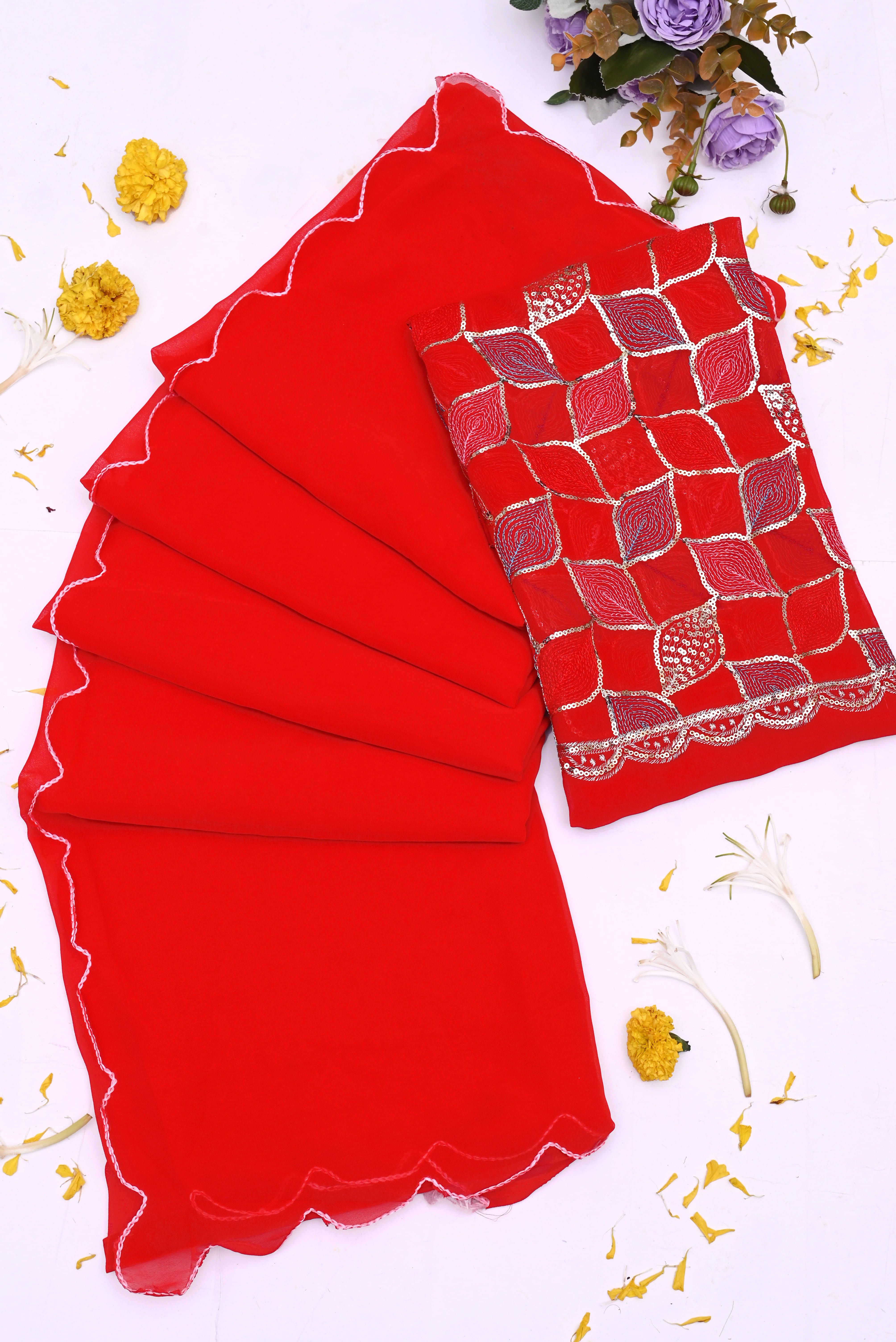 Kalpana Creation Georgette Solid Saree With Unstitched Blouse Piece ( Red ) Kalpana Creation Georgette Solid Saree With Unstitched Blouse Piece ( Red )