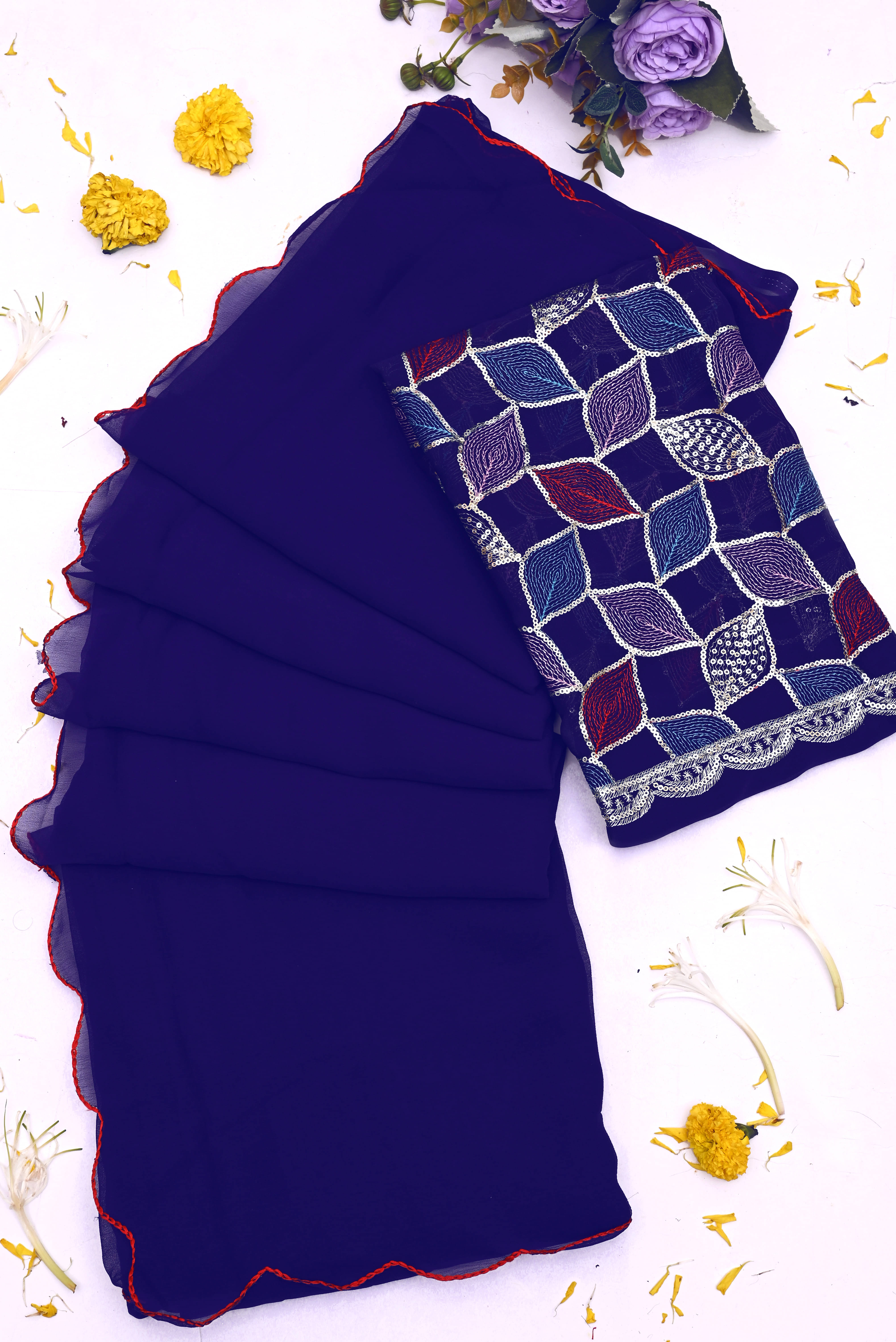     			Kalpana Creation Georgette Solid Saree With Unstitched Blouse Piece ( Blue )