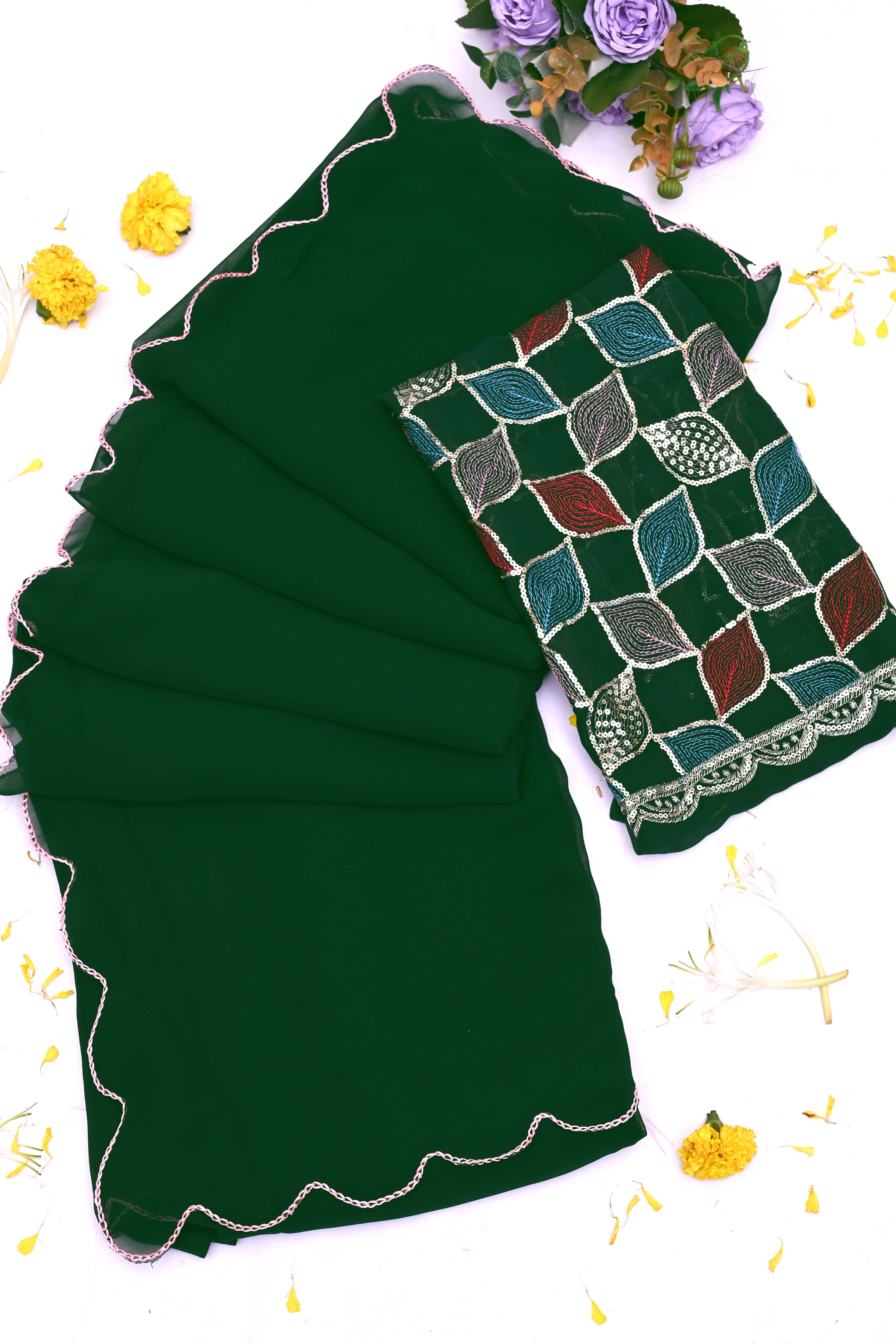 Kalpana Creation Georgette Solid Saree With Unstitched Blouse Piece ( Green ) Kalpana Creation Georgette Solid Saree With Unstitched Blouse Piece ( Green )