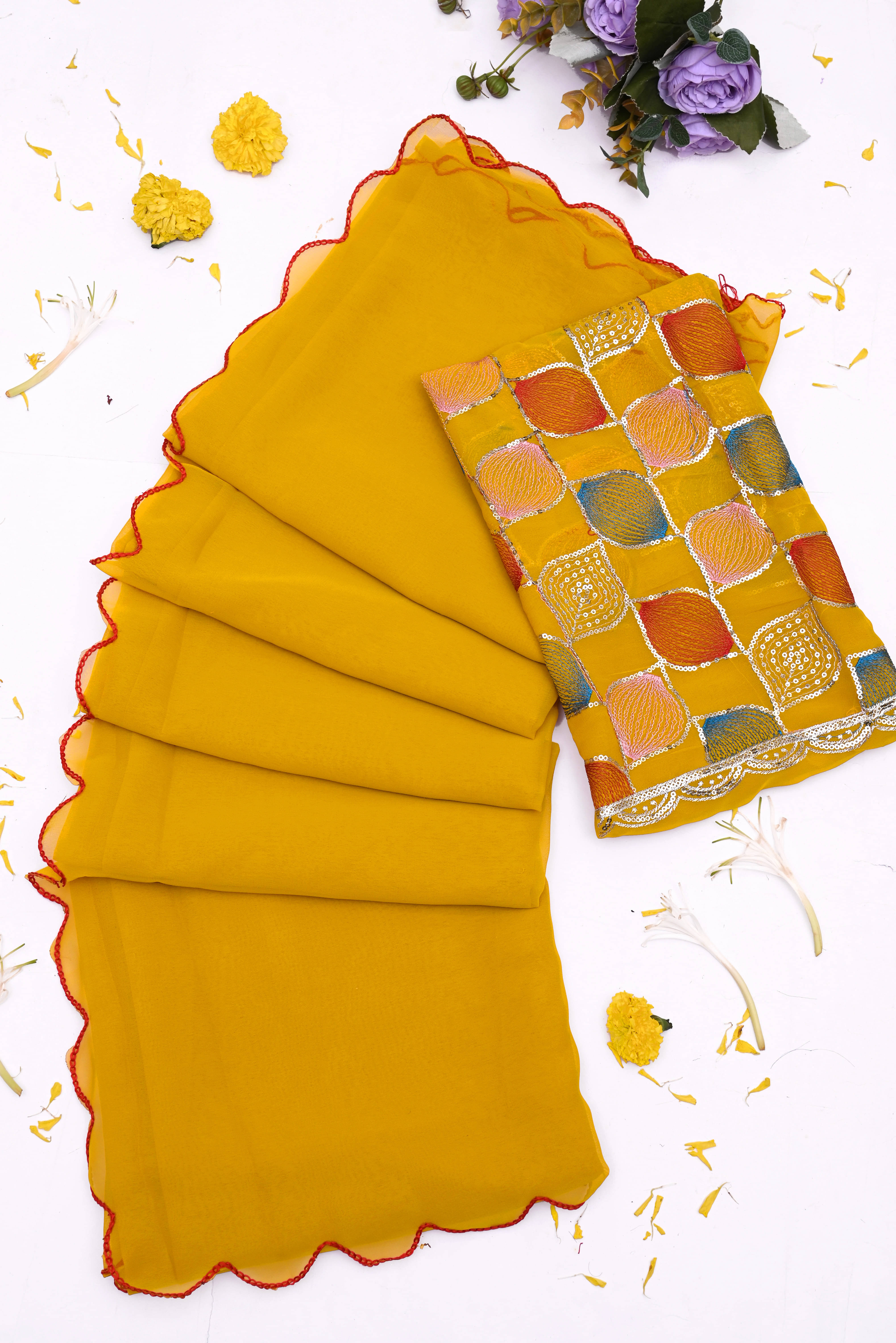 Kalpana Creation Georgette Solid Saree With Unstitched Blouse Piece ( Yellow1 ) Kalpana Creation Georgette Solid Saree With Unstitched Blouse Piece ( Yellow1 )