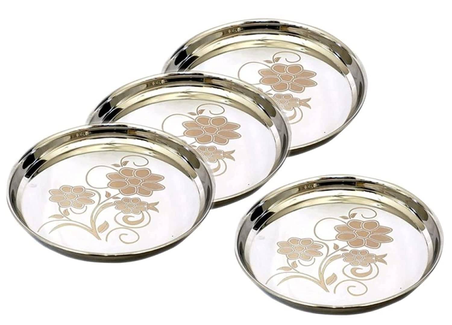     			Khumcha/DInner Plates/Thali Silver Stainless Steel Dinner Set ( Pack of 4 )