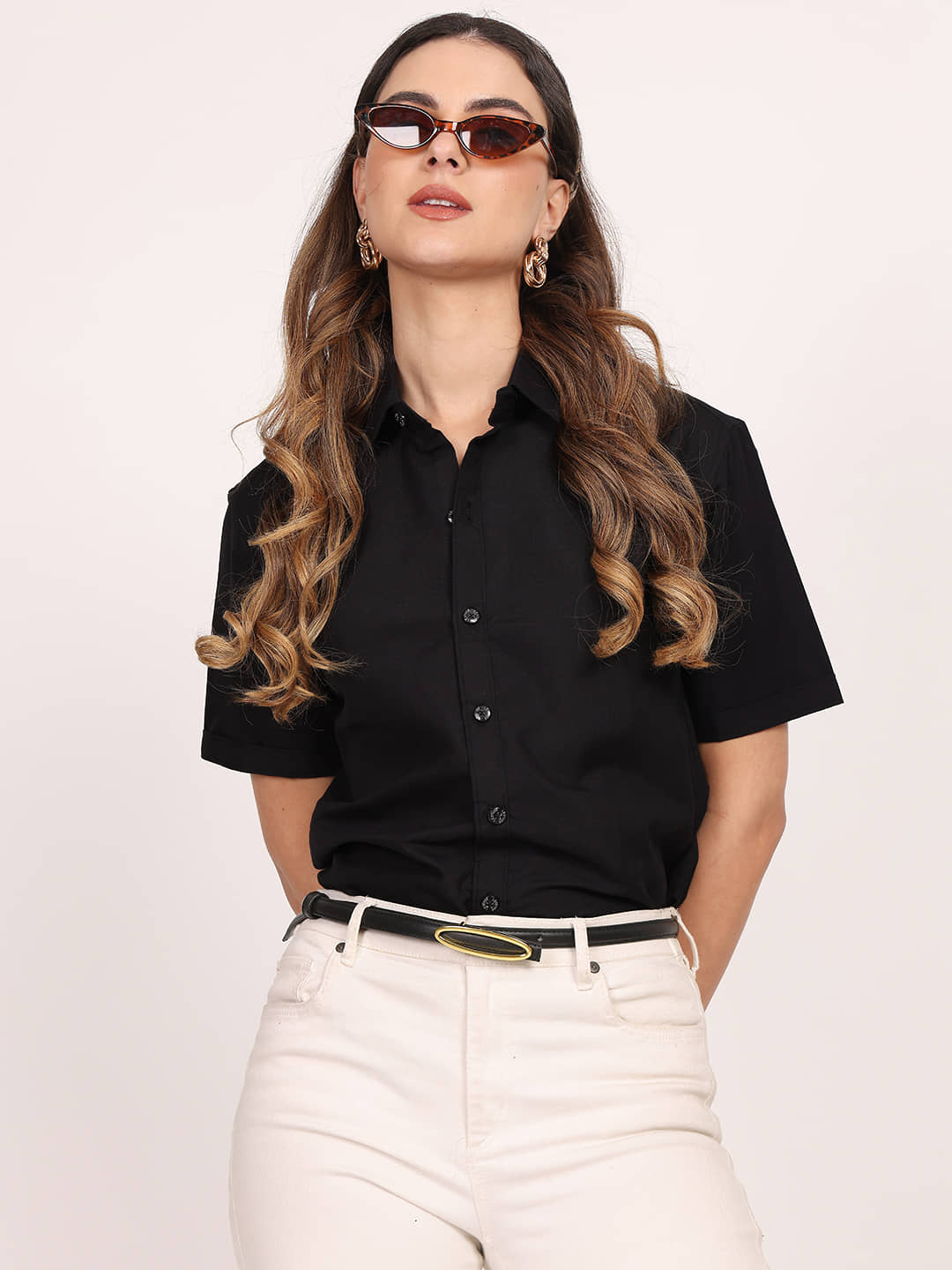 Leotude Women Solid Cotton Blend Shirt ( Black )