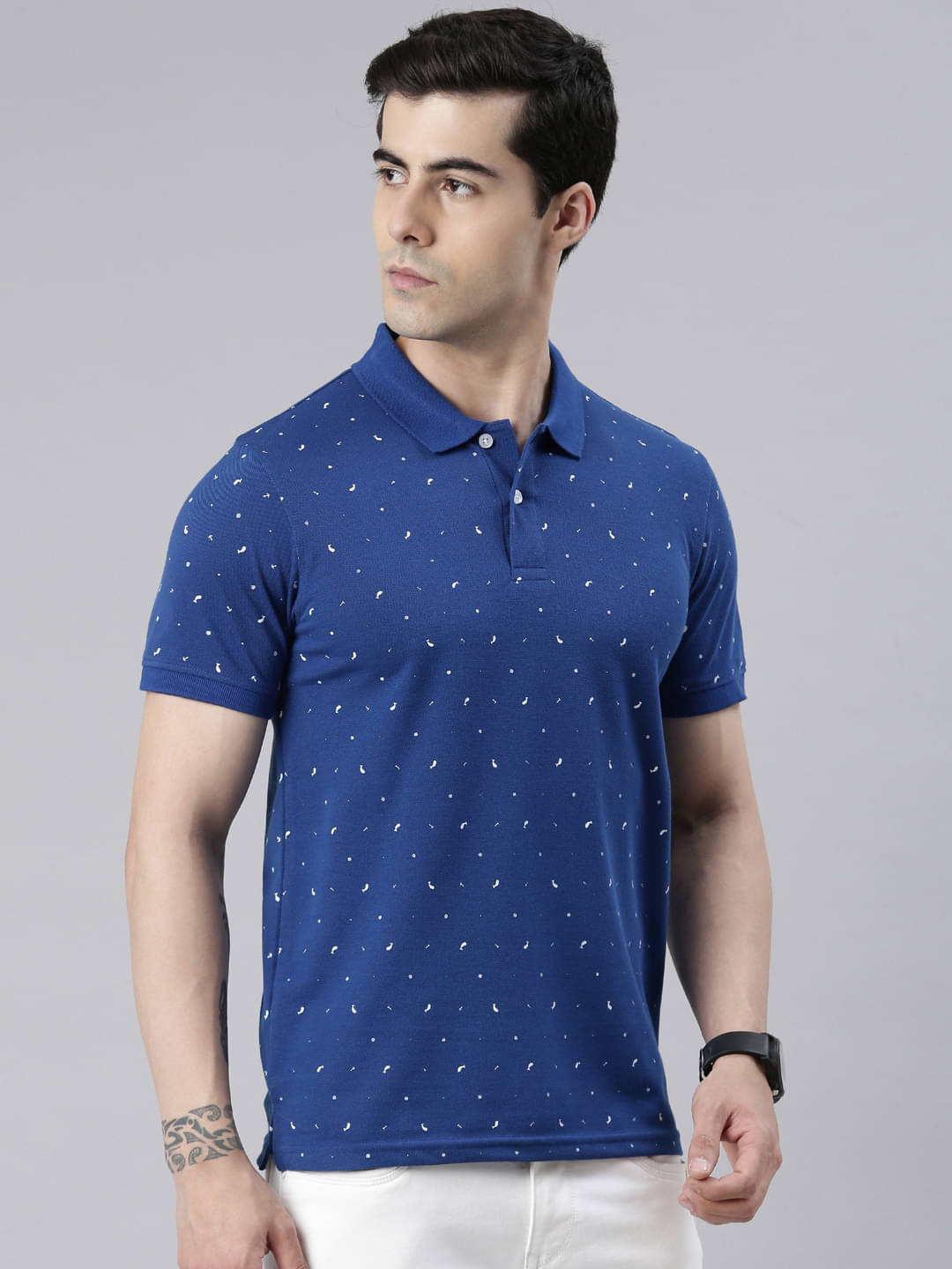 Lucky Roger Pack of 1 Cotton Blend Regular Fit Printed Half Sleeves Men's Polo T Shirt ( Blue )     			Lucky Roger Pack of 1 Cotton Blend Regular Fit Printed Half Sleeves Men's Polo T Shirt ( Blue )