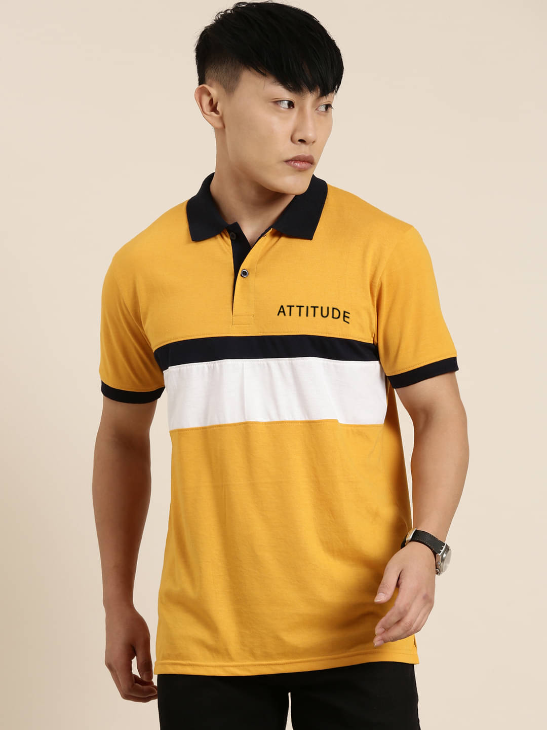 Lucky Roger Pack of 1 Cotton Regular Fit Colorblock Half Sleeves Men's Polo T Shirt ( Mustard )     			Lucky Roger Pack of 1 Cotton Regular Fit Colorblock Half Sleeves Men's Polo T Shirt ( Mustard )