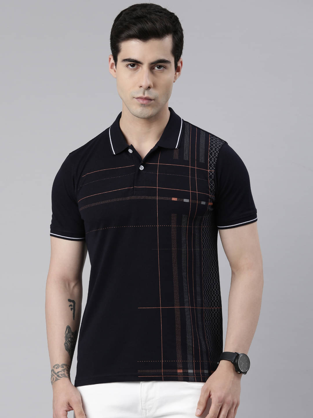 Lucky Roger Pack of 1 Cotton Blend Regular Fit Printed Half Sleeves Men's Polo T Shirt ( Navy Blue )     			Lucky Roger Pack of 1 Cotton Blend Regular Fit Printed Half Sleeves Men's Polo T Shirt ( Navy Blue )