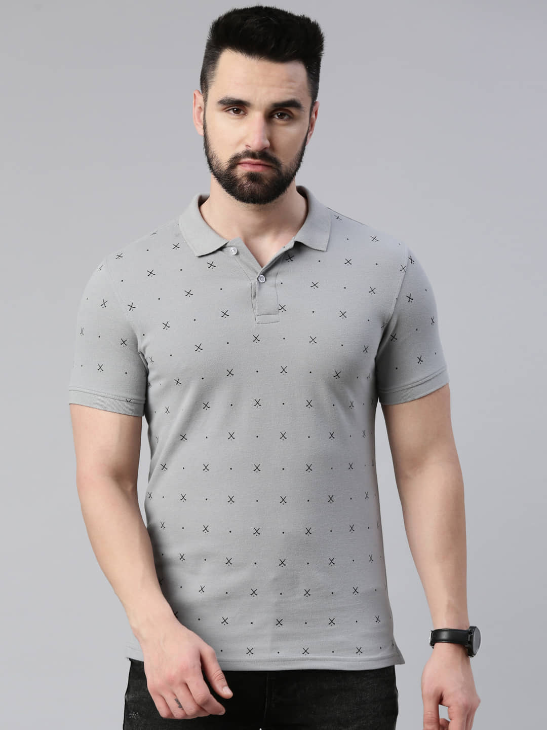 Lucky Roger Pack of 1 Cotton Blend Regular Fit Printed Half Sleeves Men's Polo T Shirt ( Dark Grey )