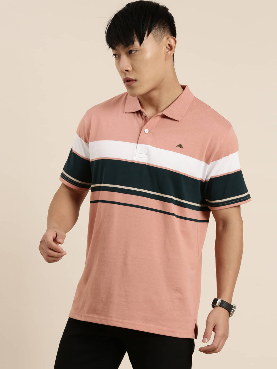 Lucky Roger Pack of 1 Cotton Regular Fit Striped Half Sleeves Men's Polo T Shirt ( Peach )     			Lucky Roger Pack of 1 Cotton Regular Fit Striped Half Sleeves Men's Polo T Shirt ( Peach )