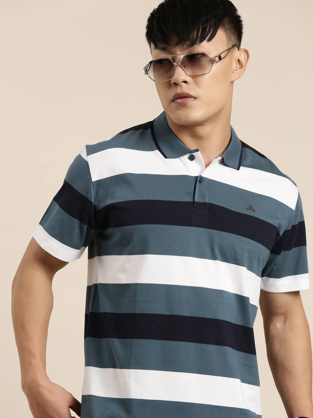 Lucky Roger Pack of 1 Cotton Regular Fit Striped Half Sleeves Men's Polo T Shirt ( Teal Blue )     			Lucky Roger Pack of 1 Cotton Regular Fit Striped Half Sleeves Men's Polo T Shirt ( Teal Blue )