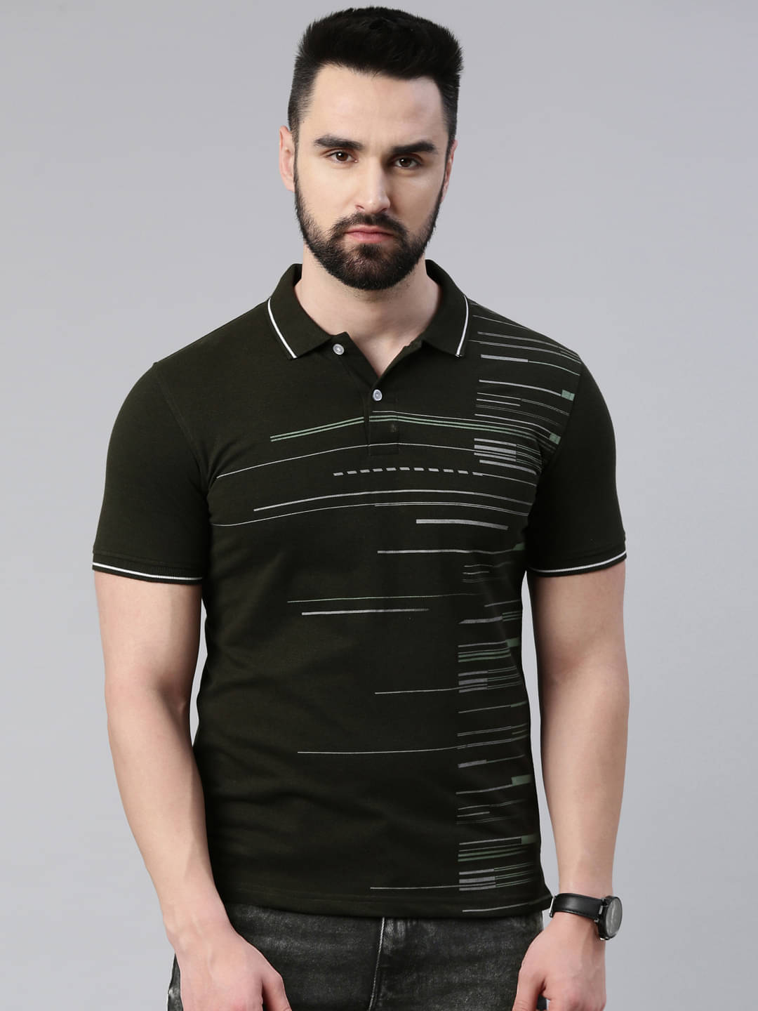 Lucky Roger Pack of 1 Cotton Blend Regular Fit Printed Half Sleeves Men's Polo T Shirt ( Olive Green ) Lucky Roger Pack of 1 Cotton Blend Regular Fit Printed Half Sleeves Men's Polo T Shirt ( Olive Green )