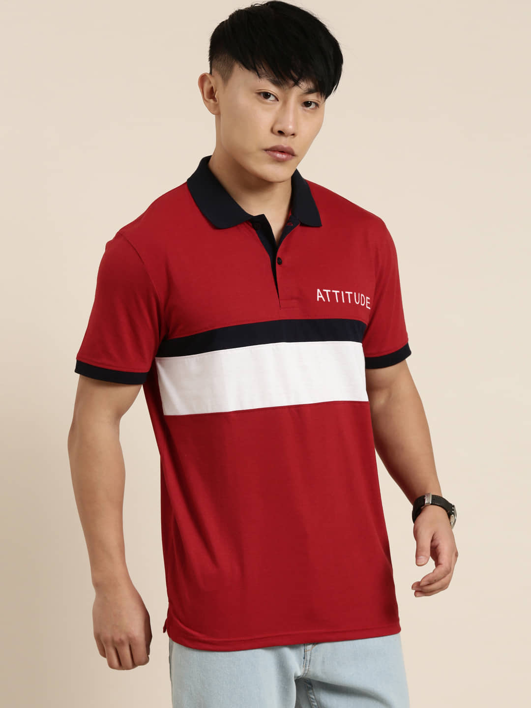 Lucky Roger Pack of 1 Cotton Regular Fit Colorblock Half Sleeves Men's Polo T Shirt ( Red )