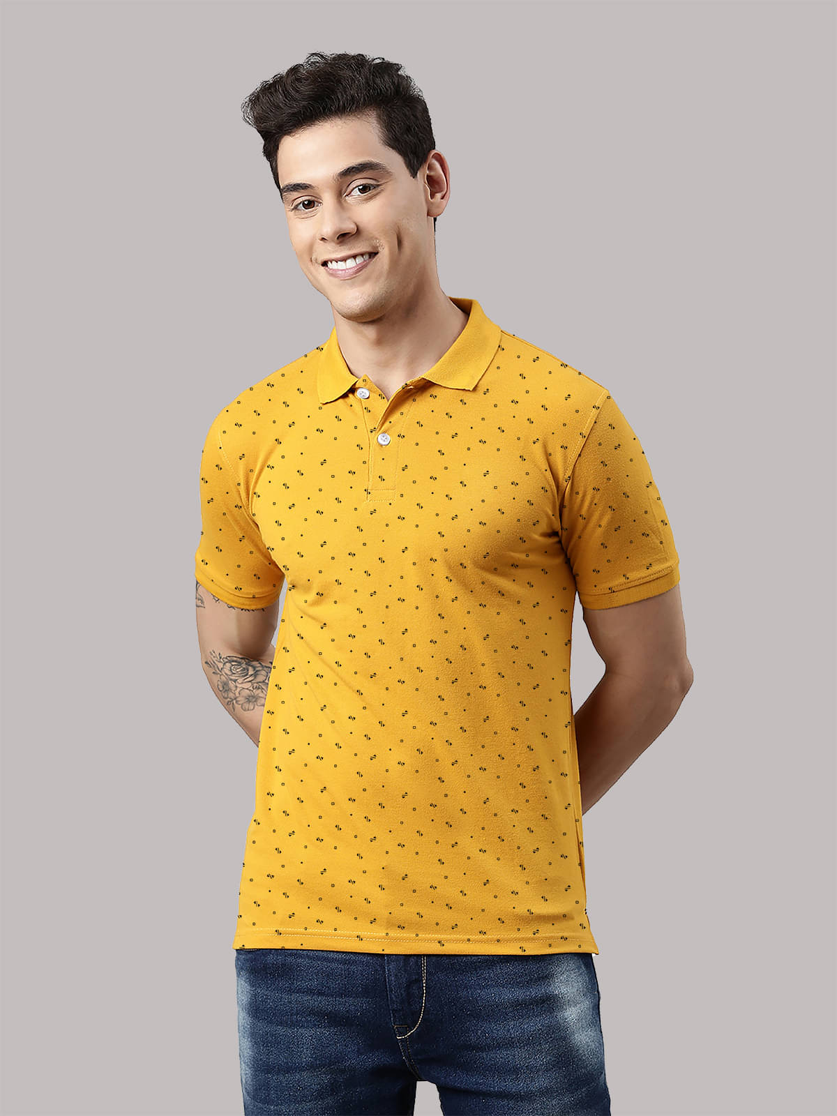 Lucky Roger Pack of 1 Cotton Blend Regular Fit Printed Half Sleeves Men's Polo T Shirt ( Mustard )     			Lucky Roger Pack of 1 Cotton Blend Regular Fit Printed Half Sleeves Men's Polo T Shirt ( Mustard )