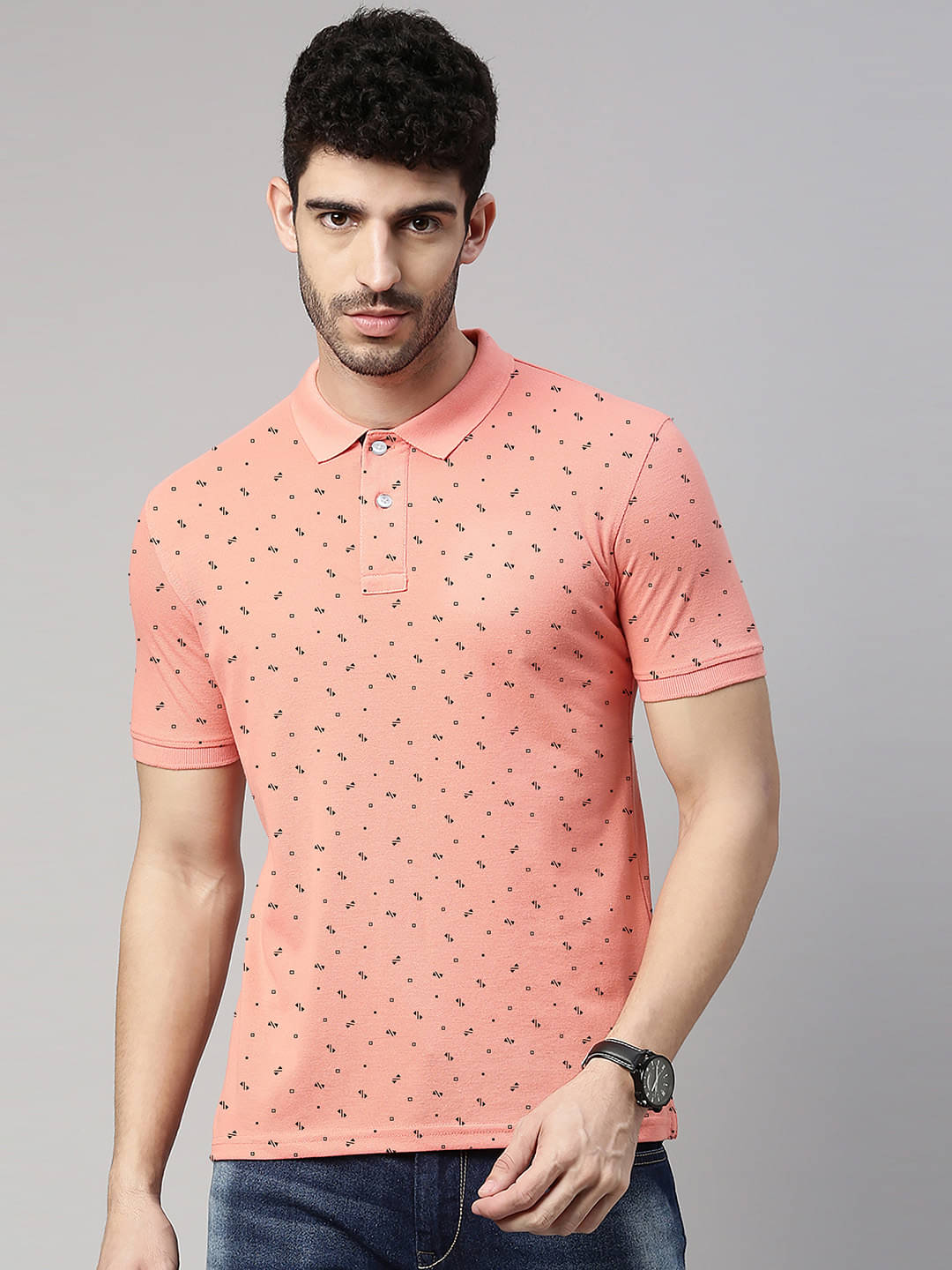 Lucky Roger Pack of 1 Cotton Blend Regular Fit Printed Half Sleeves Men's Polo T Shirt ( Peach )     			Lucky Roger Pack of 1 Cotton Blend Regular Fit Printed Half Sleeves Men's Polo T Shirt ( Peach )