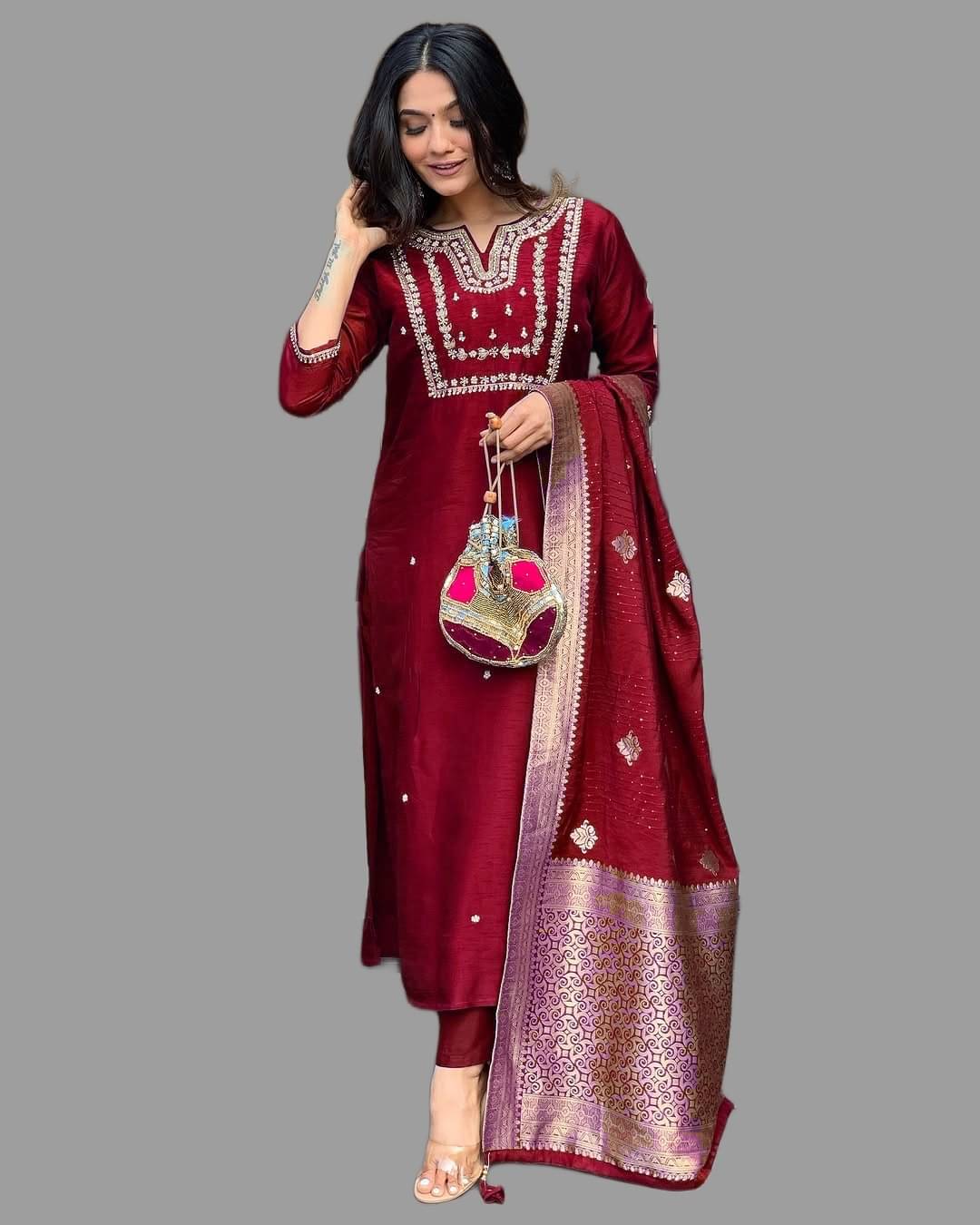 MEHZEEL FAB Silk Blend Embroidered Kurti With Pants Women's Stitched Salwar Suit - Maroon ( Pack of 1 ) MEHZEEL FAB Silk Blend Embroidered Kurti With Pants Women's Stitched Salwar Suit - Maroon ( Pack of 1 )