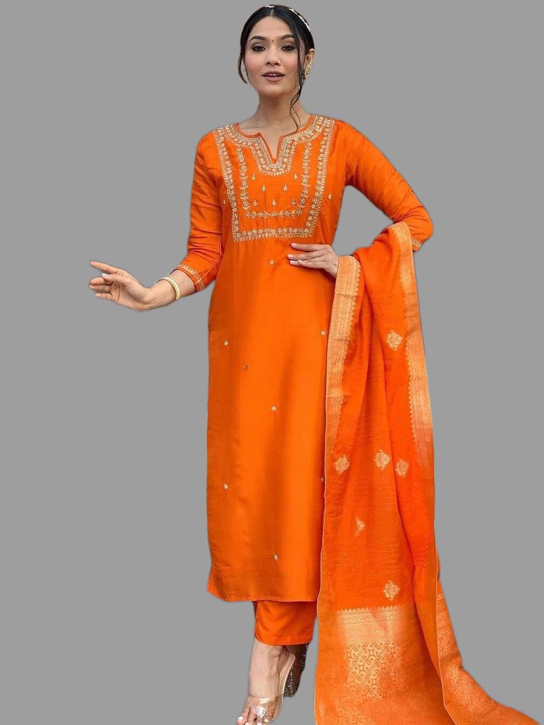 MEHZEEL FAB Silk Blend Embroidered Kurti With Pants Women's Stitched Salwar Suit - Orange ( Pack of 1 ) MEHZEEL FAB Silk Blend Embroidered Kurti With Pants Women's Stitched Salwar Suit - Orange ( Pack of 1 )