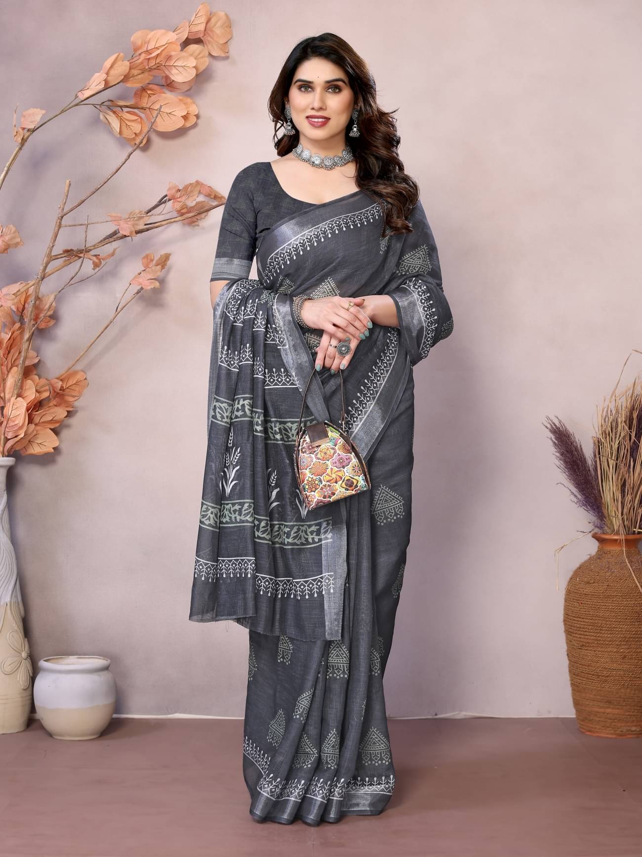     			NightBlue Linen Printed Saree With Unstitched Blouse Piece ( Multicolor1 )