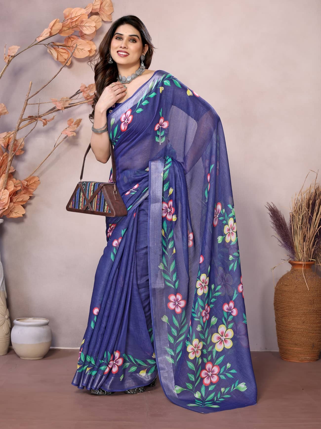 NightBlue Linen Printed Saree With Unstitched Blouse Piece ( SkyBlue ) - Sarees | Buy online on ZillyBuy