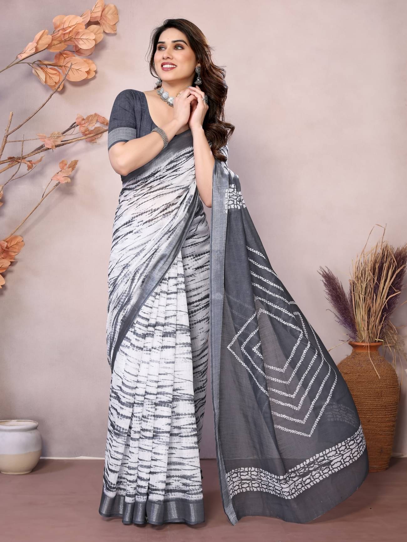 NightBlue Linen Printed Saree With Unstitched Blouse Piece ( White )     			NightBlue Linen Printed Saree With Unstitched Blouse Piece ( White )