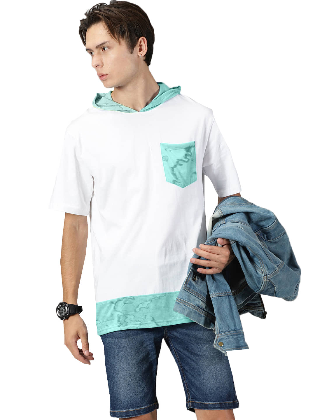 RodZen Cotton Blend Oversized Fit Colorblock Half Sleeves Men's Hooded T-Shirt - Multicolor ( Pack of 1 )