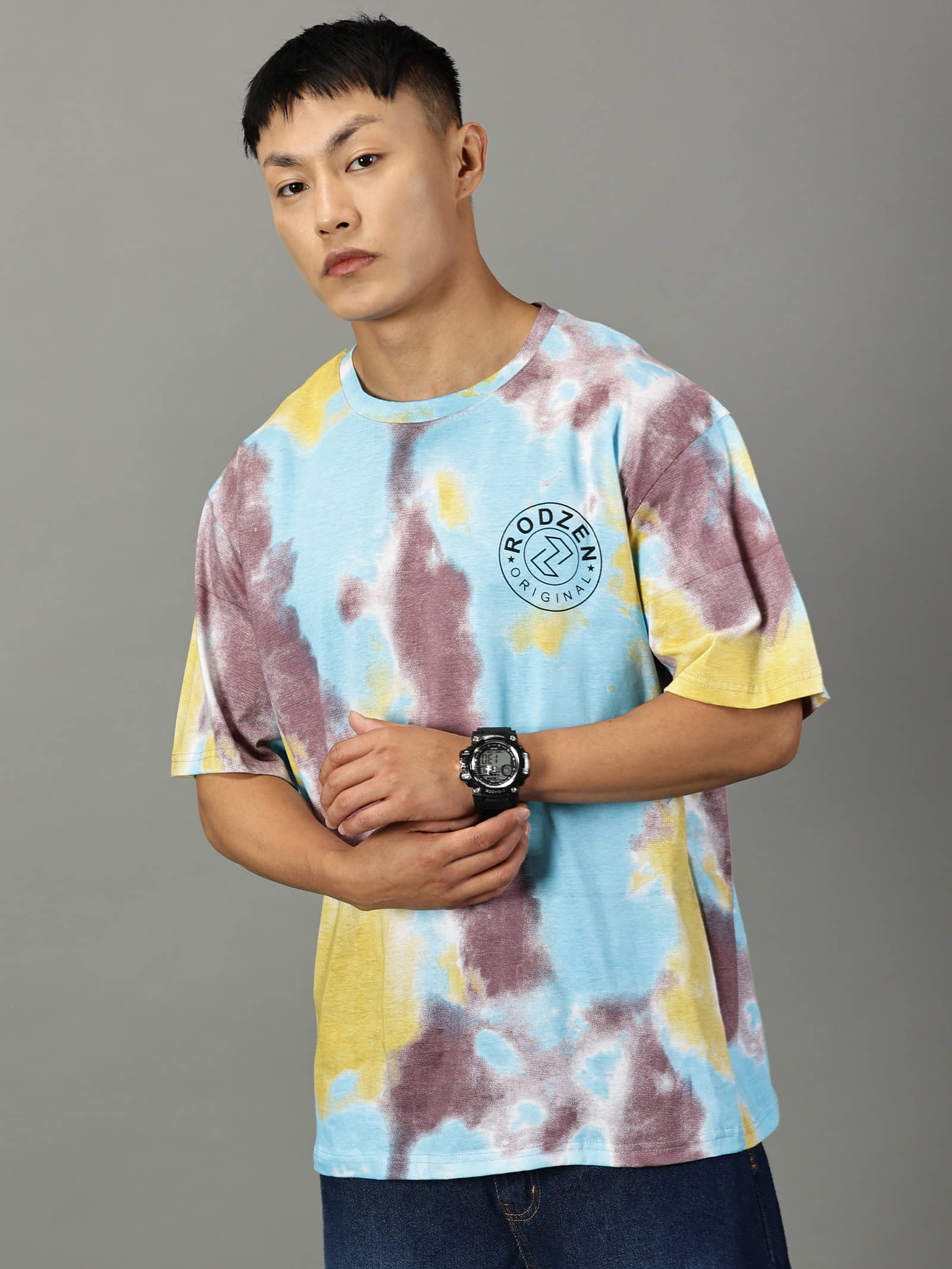 RodZen Cotton Oversized Fit Printed Half Sleeves Men's Round T-Shirt - Blue ( Pack of 1 )