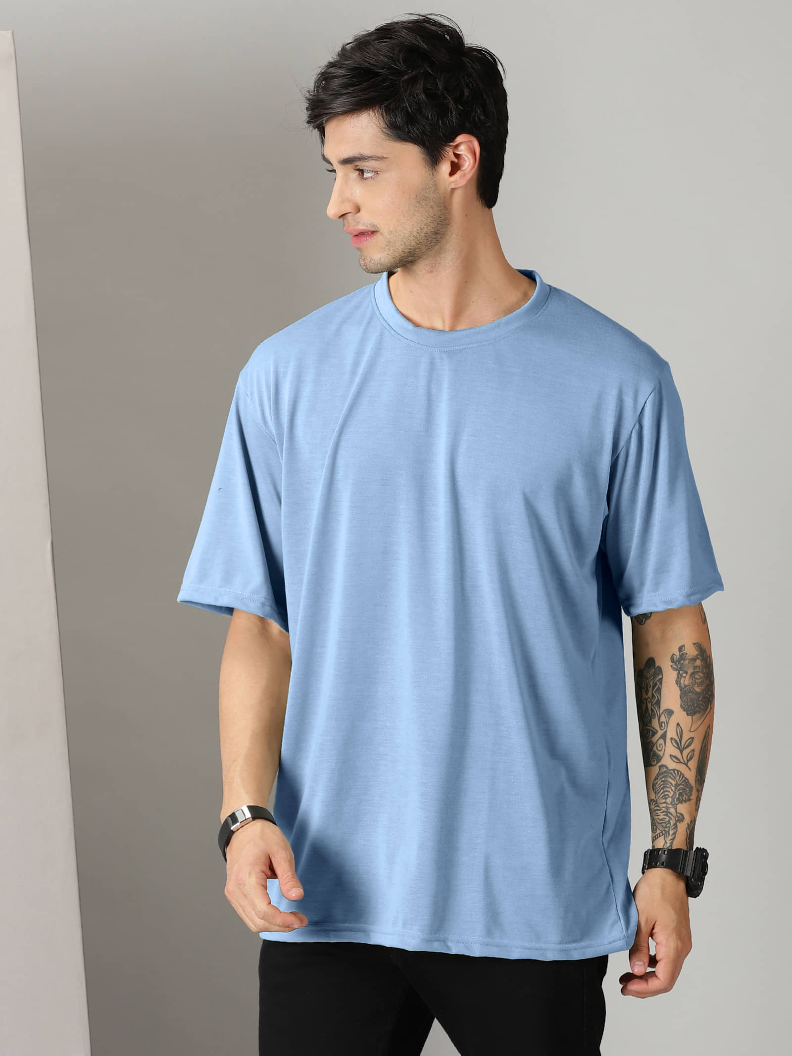 RodZen Cotton Oversized Fit Solid Half Sleeves Men's Round T-Shirt - Blue ( Pack of 1 )