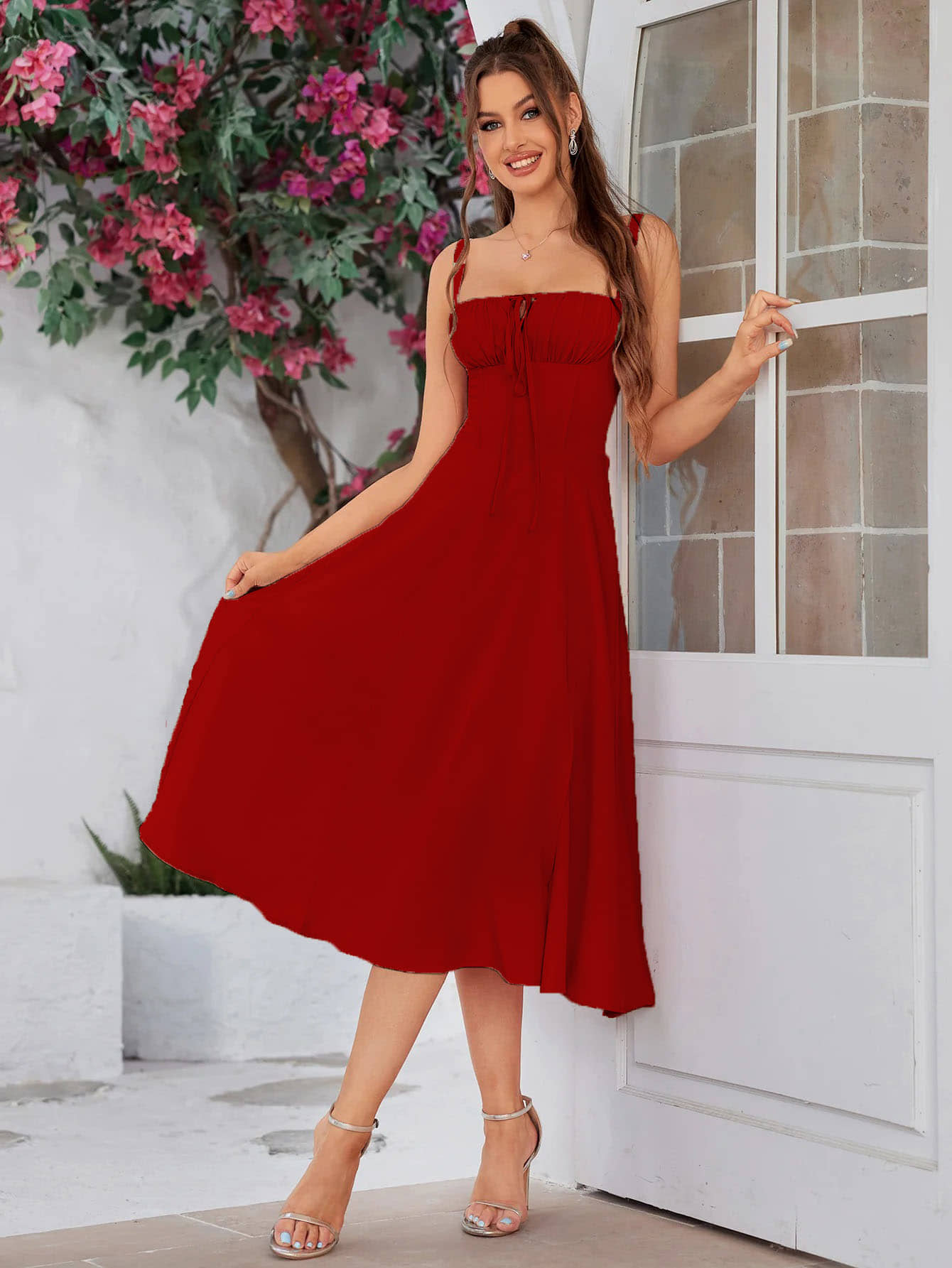 Traquila Women Crepe Solid A-line Dress ( Red )