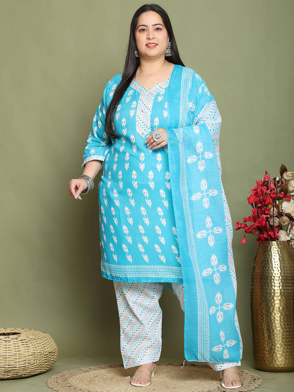wonder weave Women Cotton Blend Printed Straight Kurti With Patiala Salwar ( Teal ) wonder weave Women Cotton Blend Printed Straight Kurti With Patiala Salwar ( Teal )