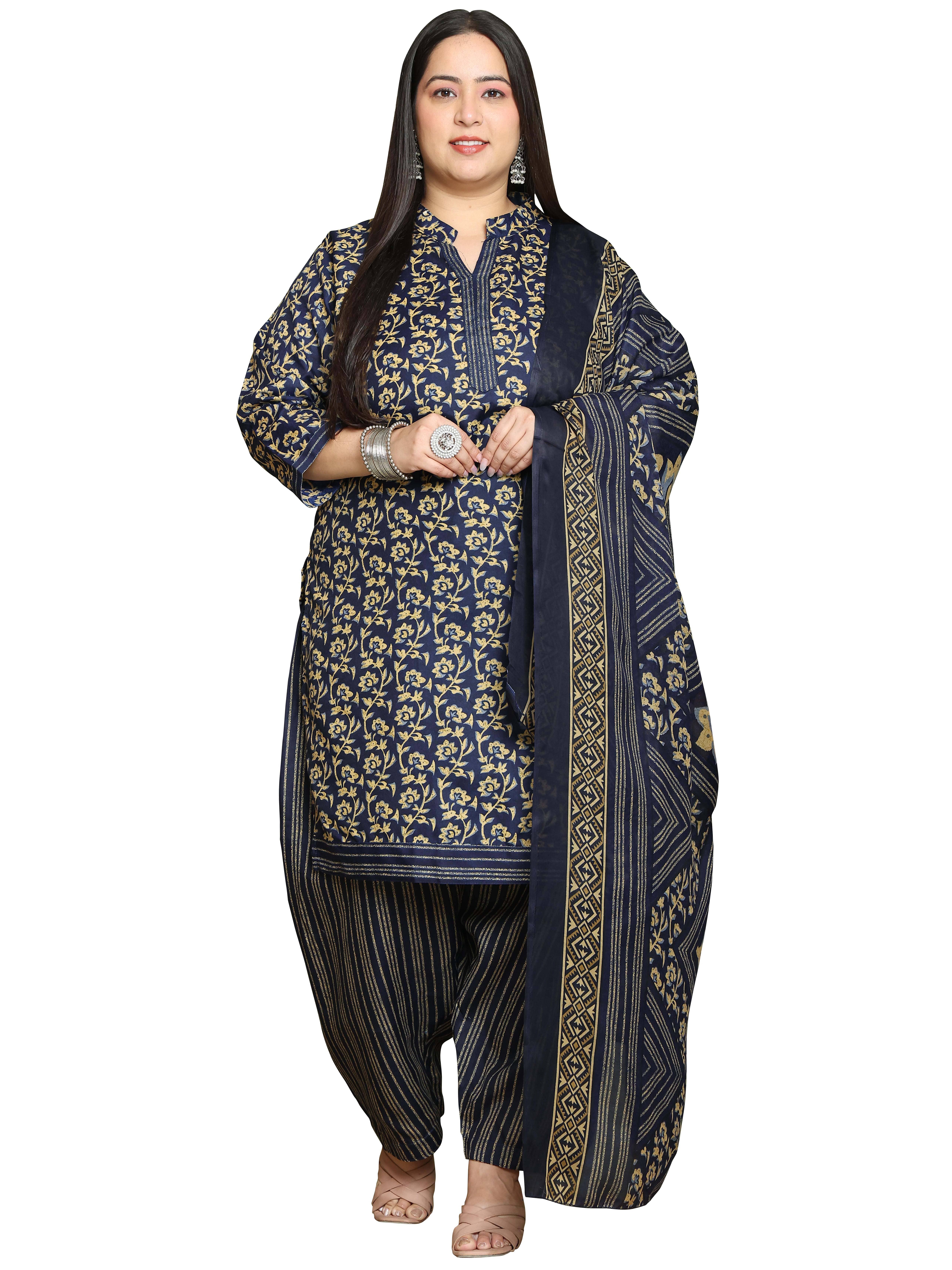 wonder weave Women Cotton Blend Printed Straight Kurti With Patiala Salwar ( Navy Blue )