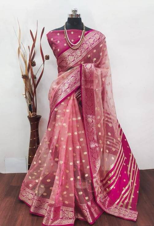     			A TO Z CART Organza Embellished Saree With Unstitched Blouse Piece ( Pink )