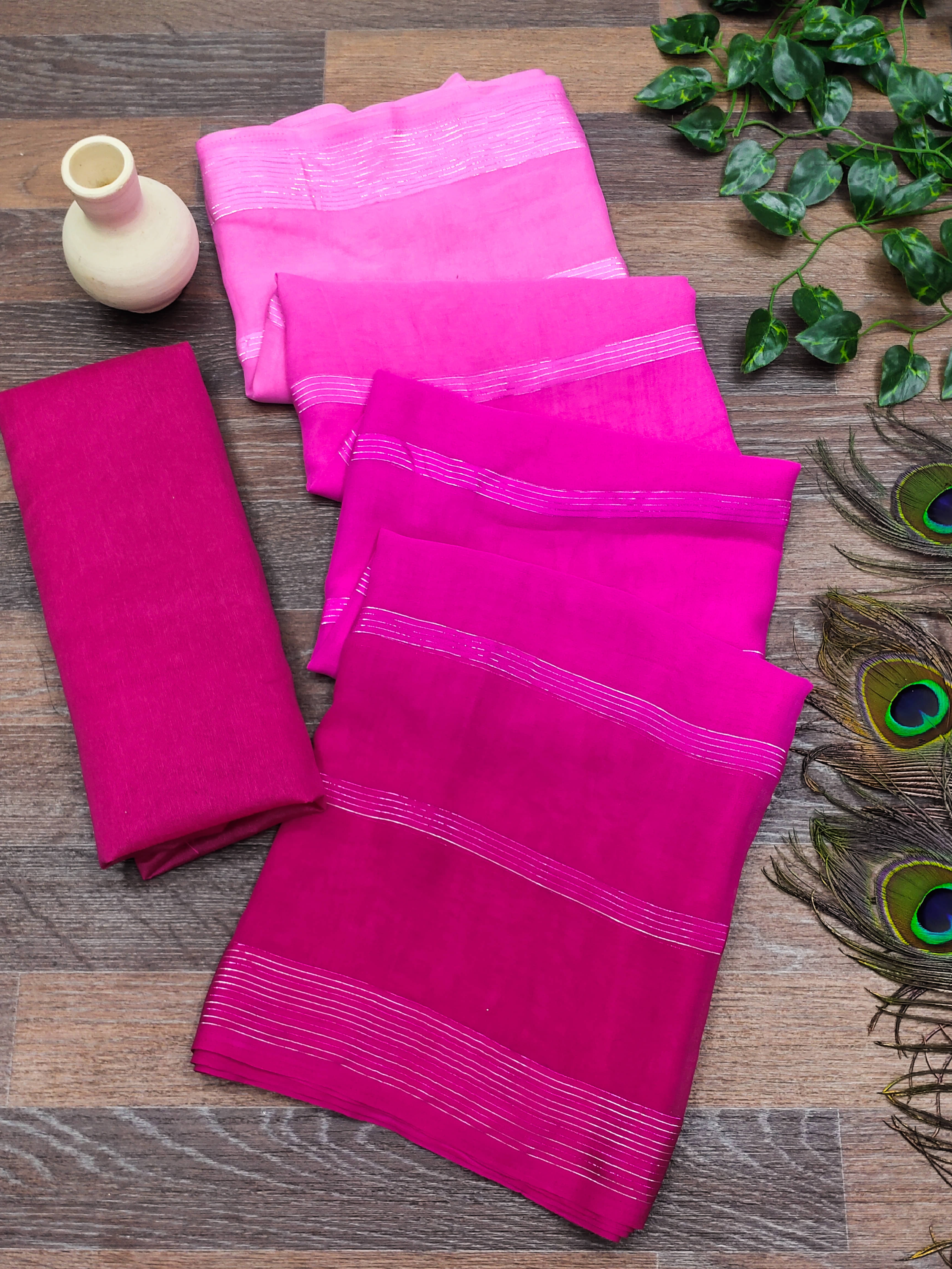 ANAND SAREES Satin Striped Saree With Unstitched Blouse Piece ( Pink ) ANAND SAREES Satin Striped Saree With Unstitched Blouse Piece ( Pink )
