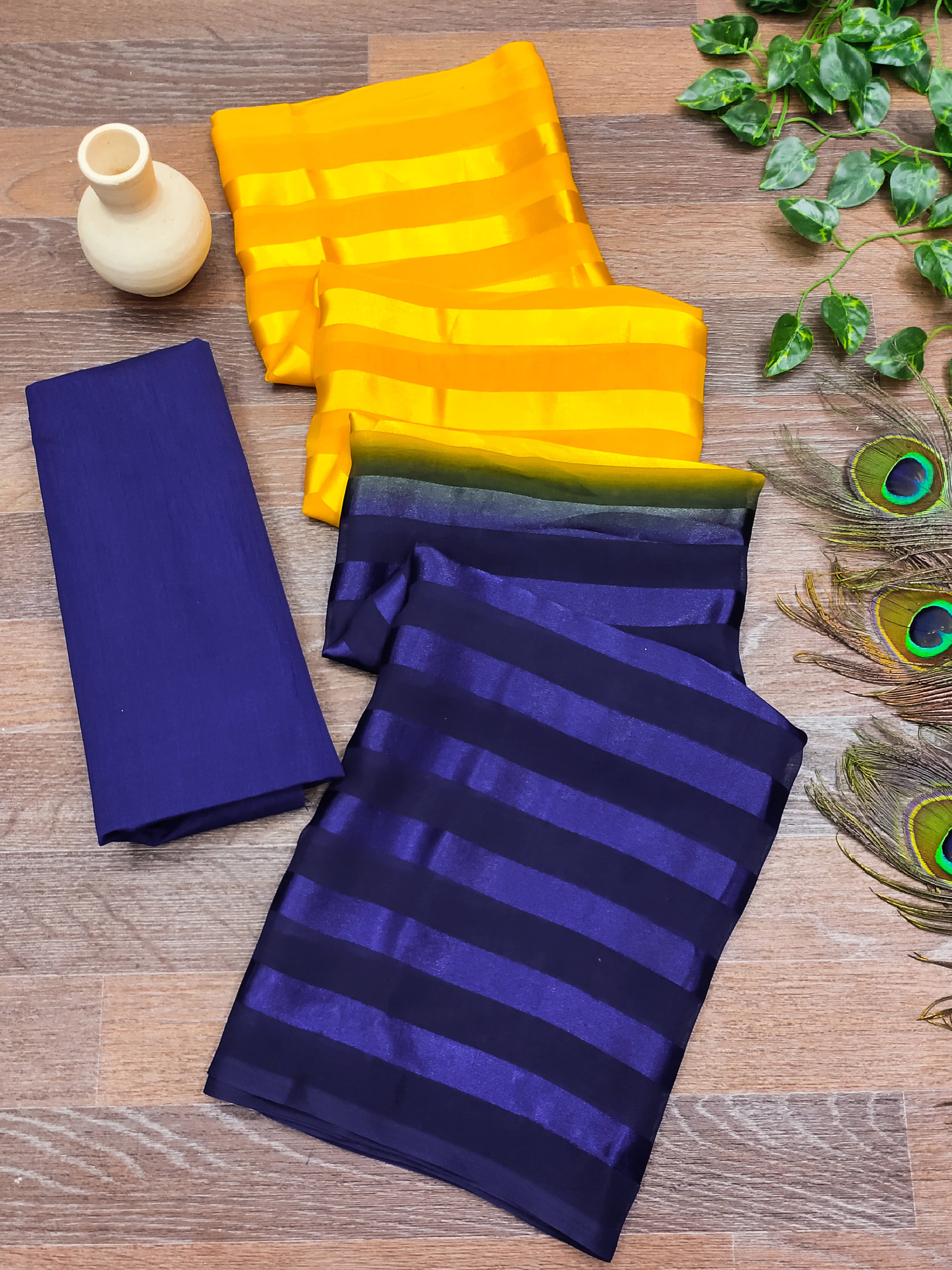 ANAND SAREES Satin Striped Saree With Unstitched Blouse Piece ( Blue ) ANAND SAREES Satin Striped Saree With Unstitched Blouse Piece ( Blue )