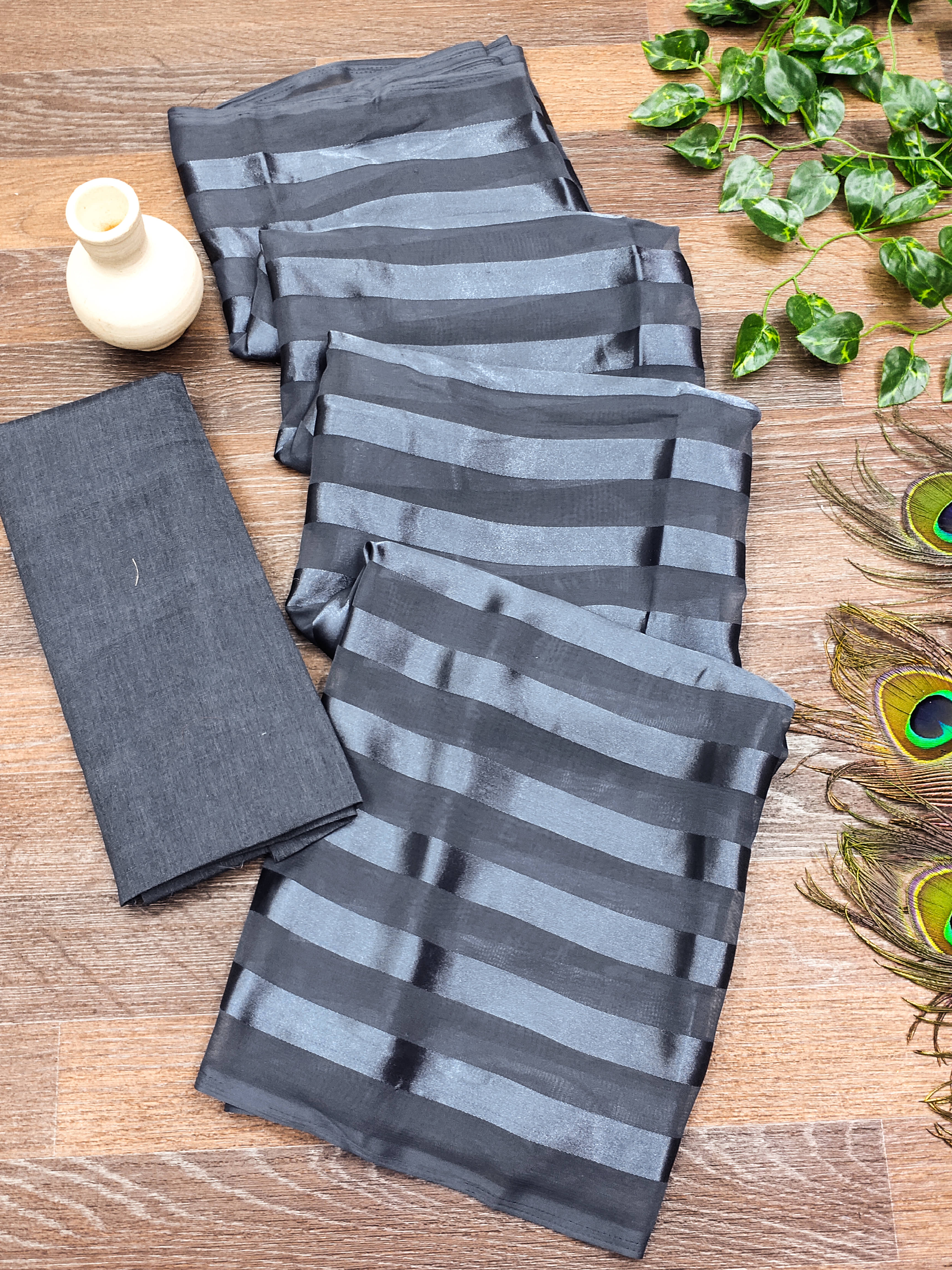 ANAND SAREES Satin Striped Saree With Unstitched Blouse Piece ( Grey ) ANAND SAREES Satin Striped Saree With Unstitched Blouse Piece ( Grey )