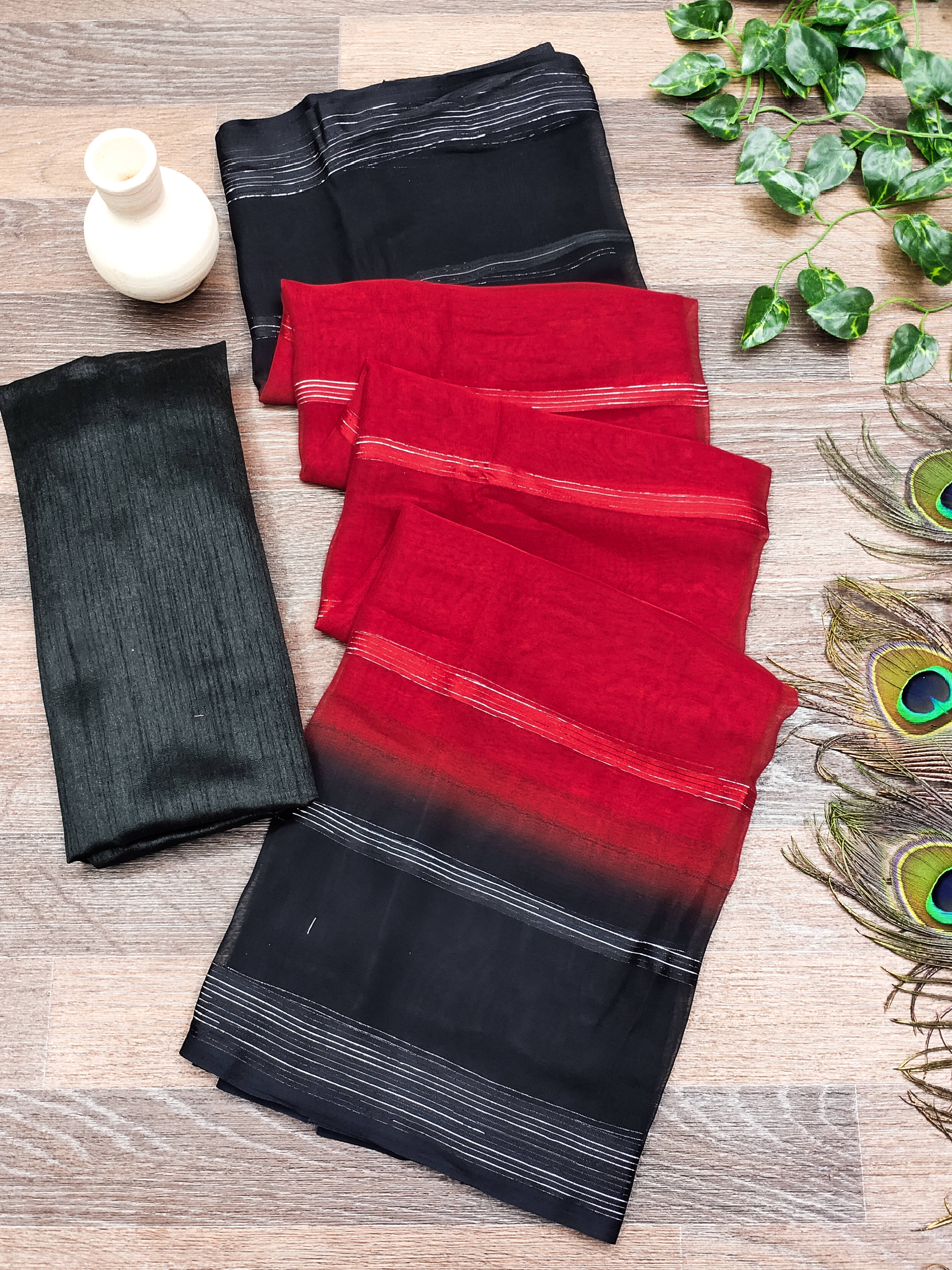     			ANAND SAREES Satin Striped Saree With Unstitched Blouse Piece ( Red )