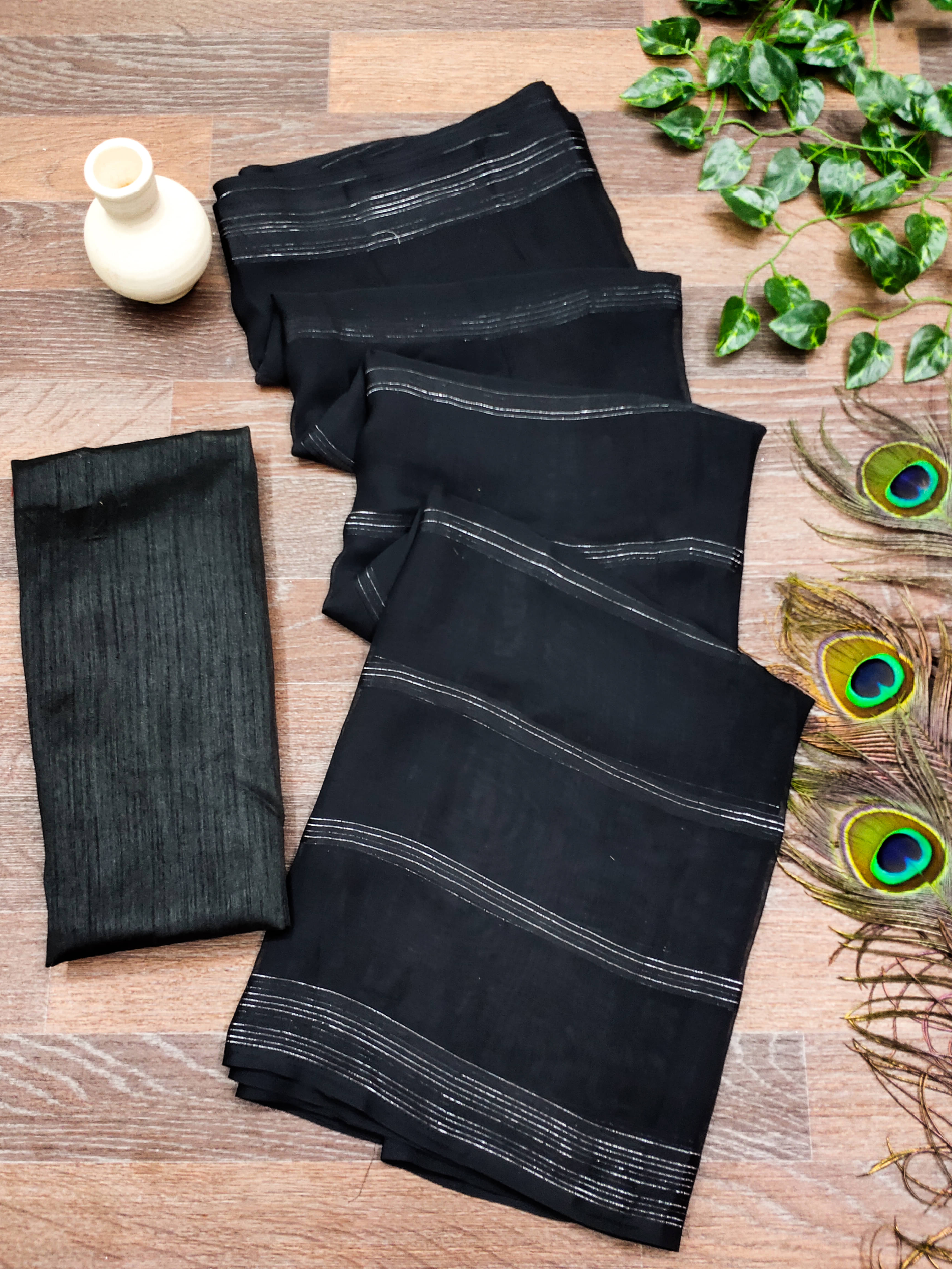 ANAND SAREES Satin Striped Saree With Unstitched Blouse Piece ( Black ) ANAND SAREES Satin Striped Saree With Unstitched Blouse Piece ( Black )