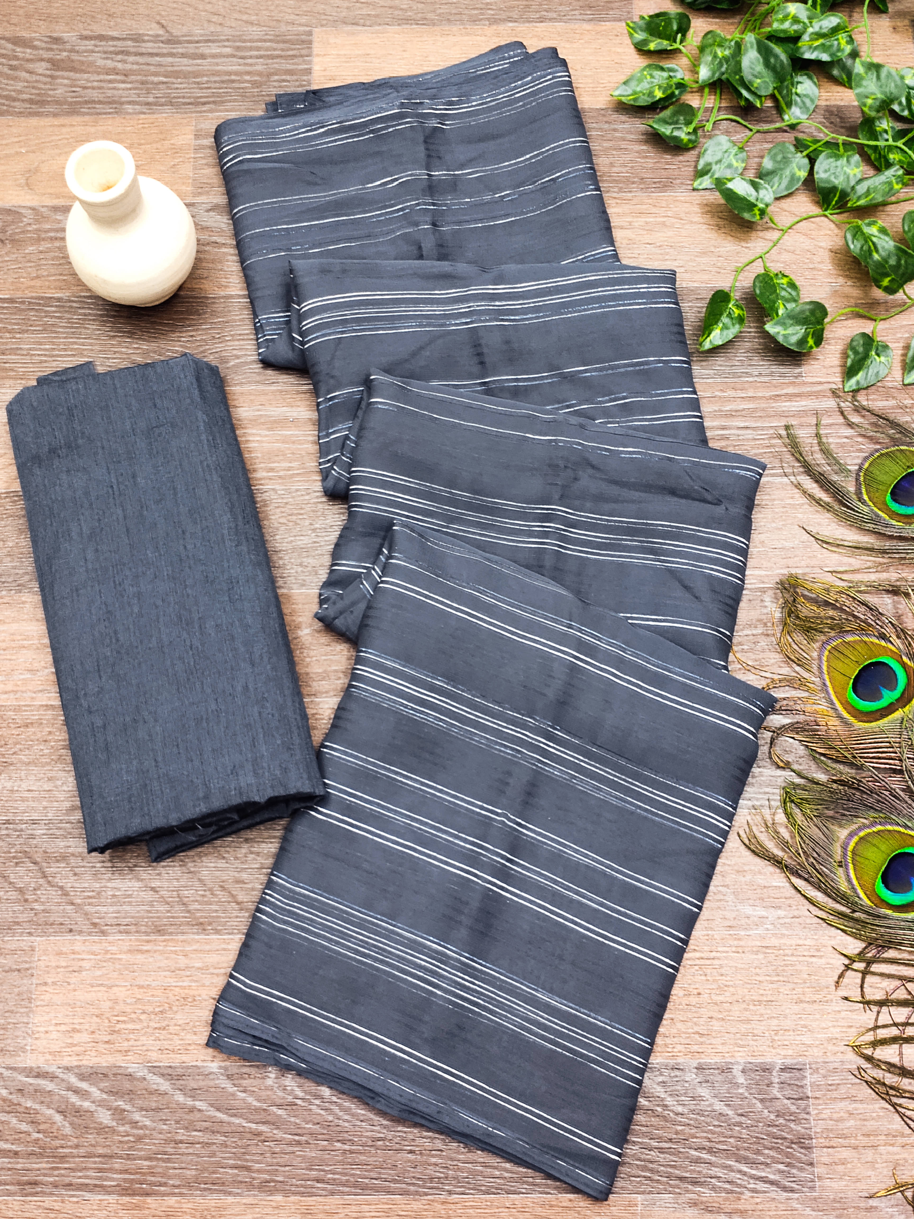 ANAND SAREES Satin Striped Saree With Unstitched Blouse Piece ( Grey ) ANAND SAREES Satin Striped Saree With Unstitched Blouse Piece ( Grey )