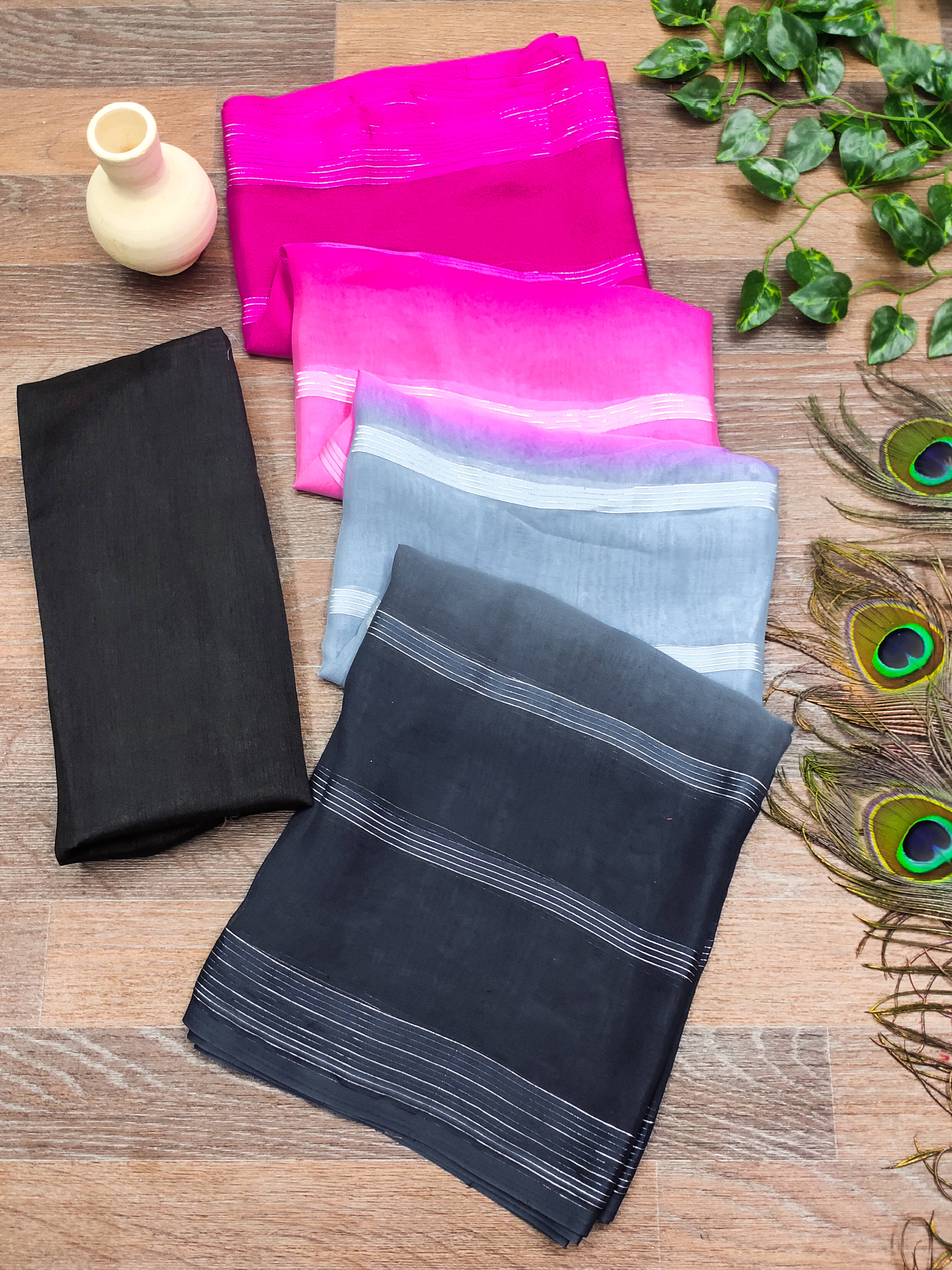 ANAND SAREES Satin Striped Saree With Unstitched Blouse Piece ( Grey ) ANAND SAREES Satin Striped Saree With Unstitched Blouse Piece ( Grey )