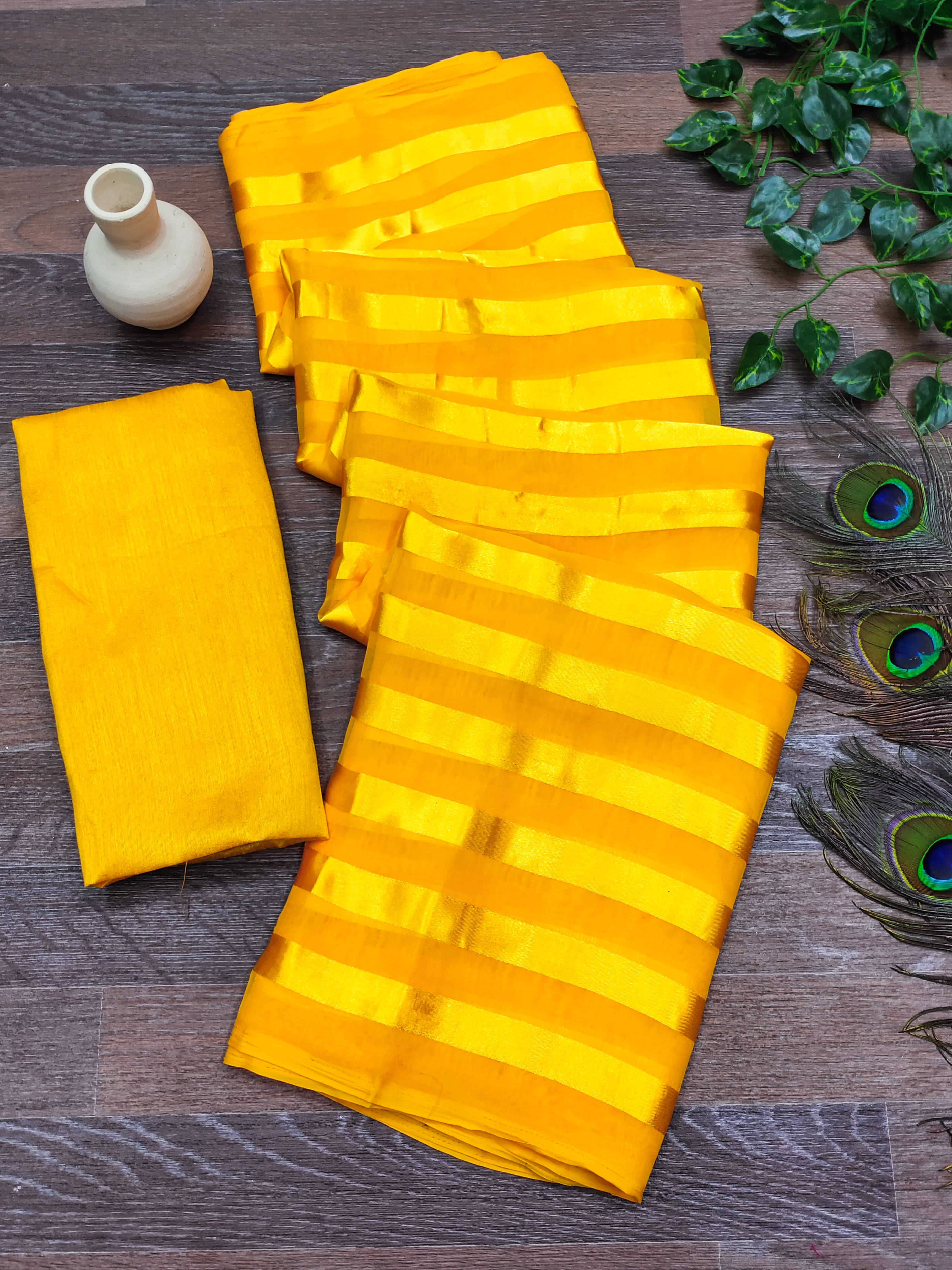 ANAND SAREES Satin Striped Saree With Unstitched Blouse Piece ( Yellow ) ANAND SAREES Satin Striped Saree With Unstitched Blouse Piece ( Yellow )