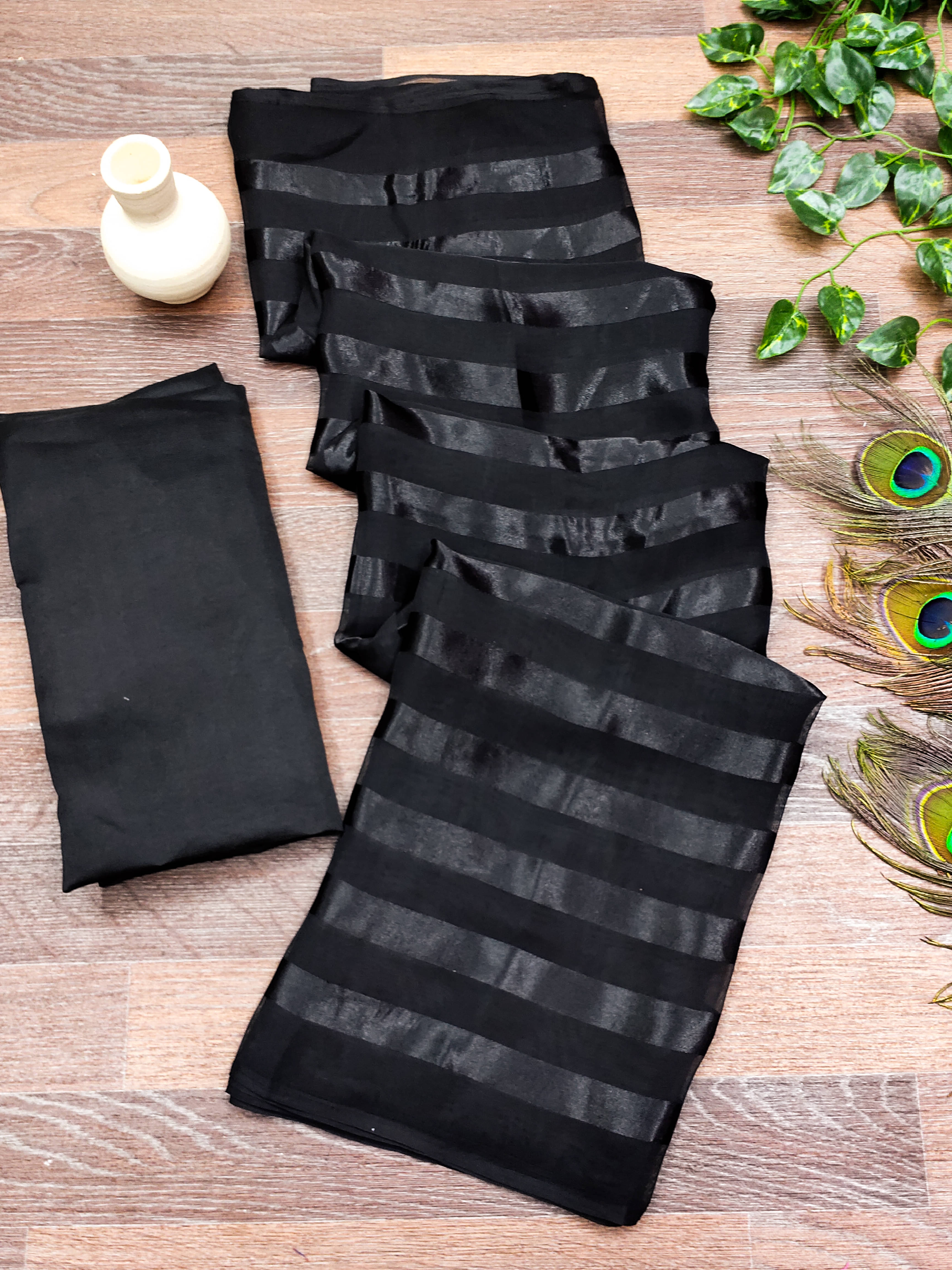 ANAND SAREES Satin Striped Saree With Unstitched Blouse Piece ( Black ) ANAND SAREES Satin Striped Saree With Unstitched Blouse Piece ( Black )