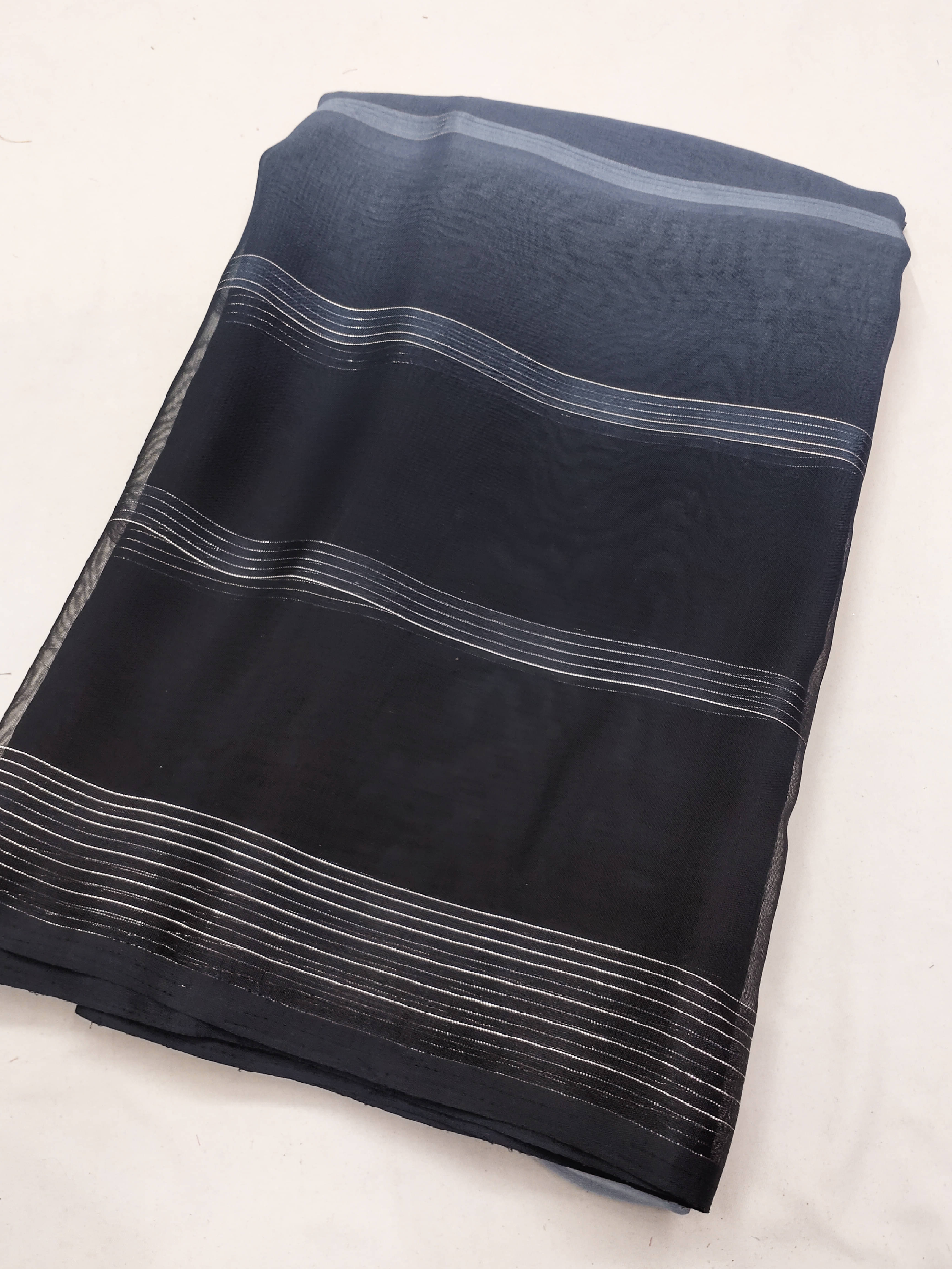 ANAND SAREES Satin Striped Saree With Unstitched Blouse Piece ( Black ) ANAND SAREES Satin Striped Saree With Unstitched Blouse Piece ( Black )