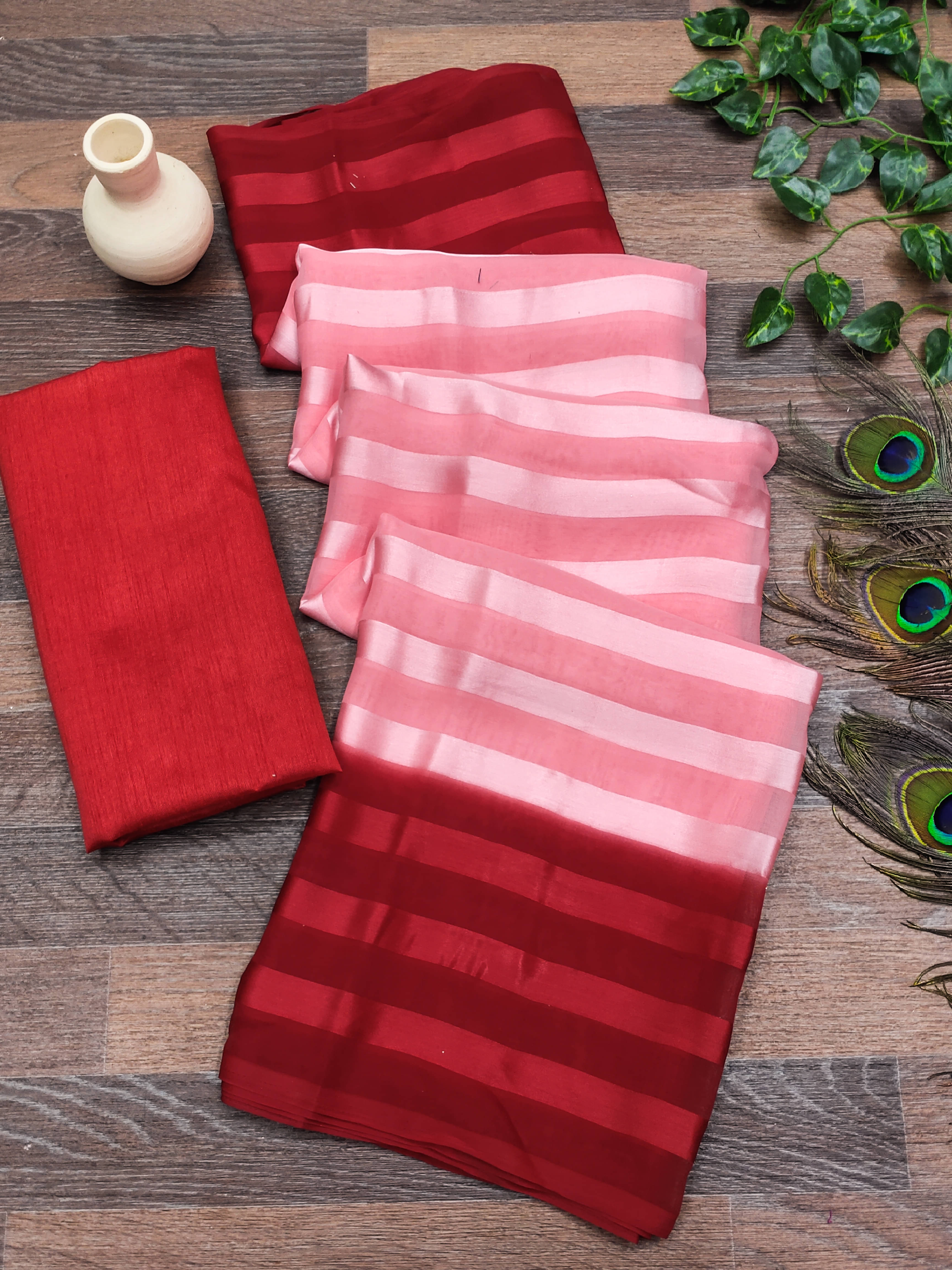 ANAND SAREES Satin Striped Saree With Unstitched Blouse Piece ( Pink ) ANAND SAREES Satin Striped Saree With Unstitched Blouse Piece ( Pink )
