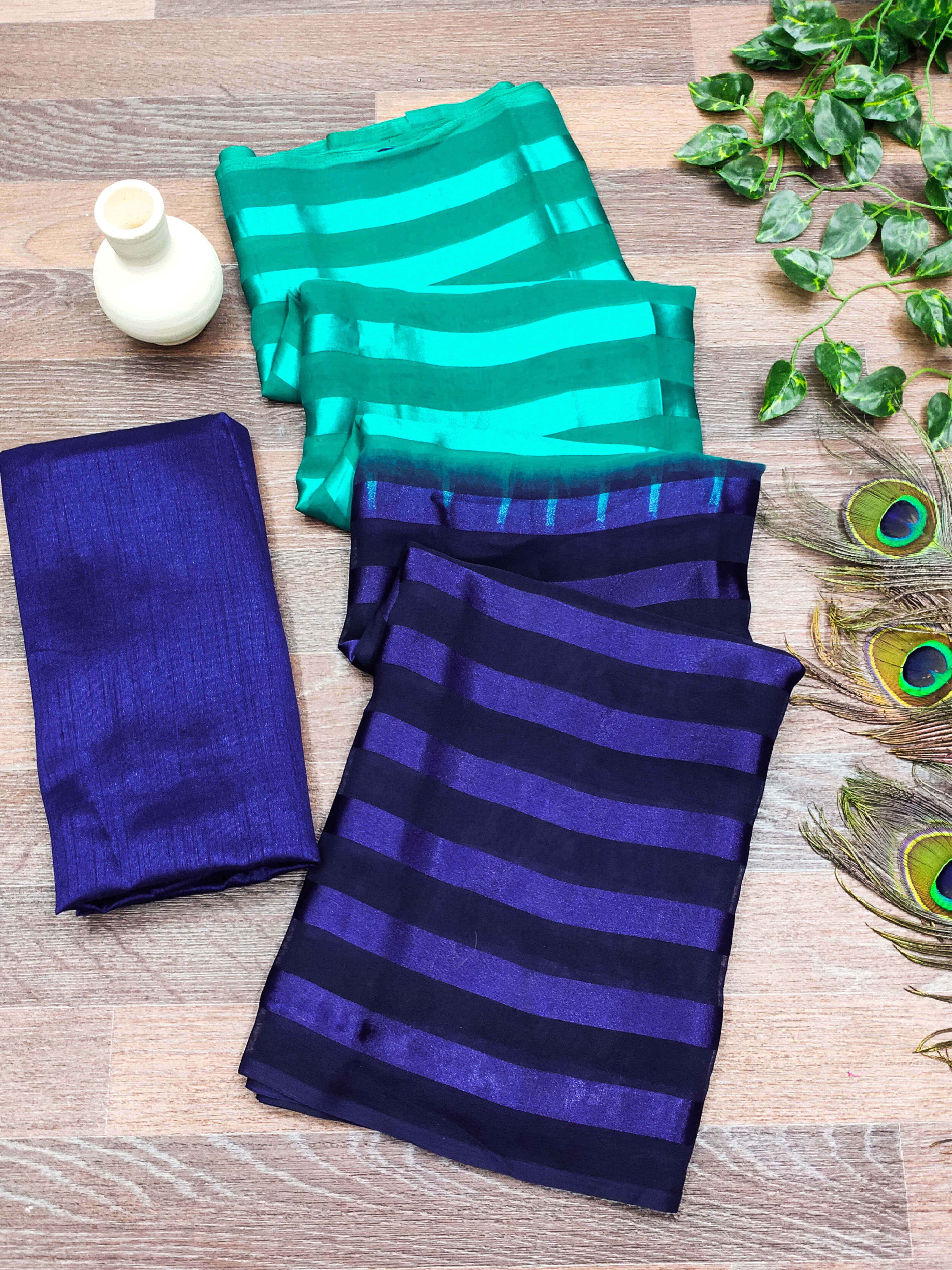 ANAND SAREES Satin Striped Saree With Unstitched Blouse Piece ( Green ) ANAND SAREES Satin Striped Saree With Unstitched Blouse Piece ( Green )