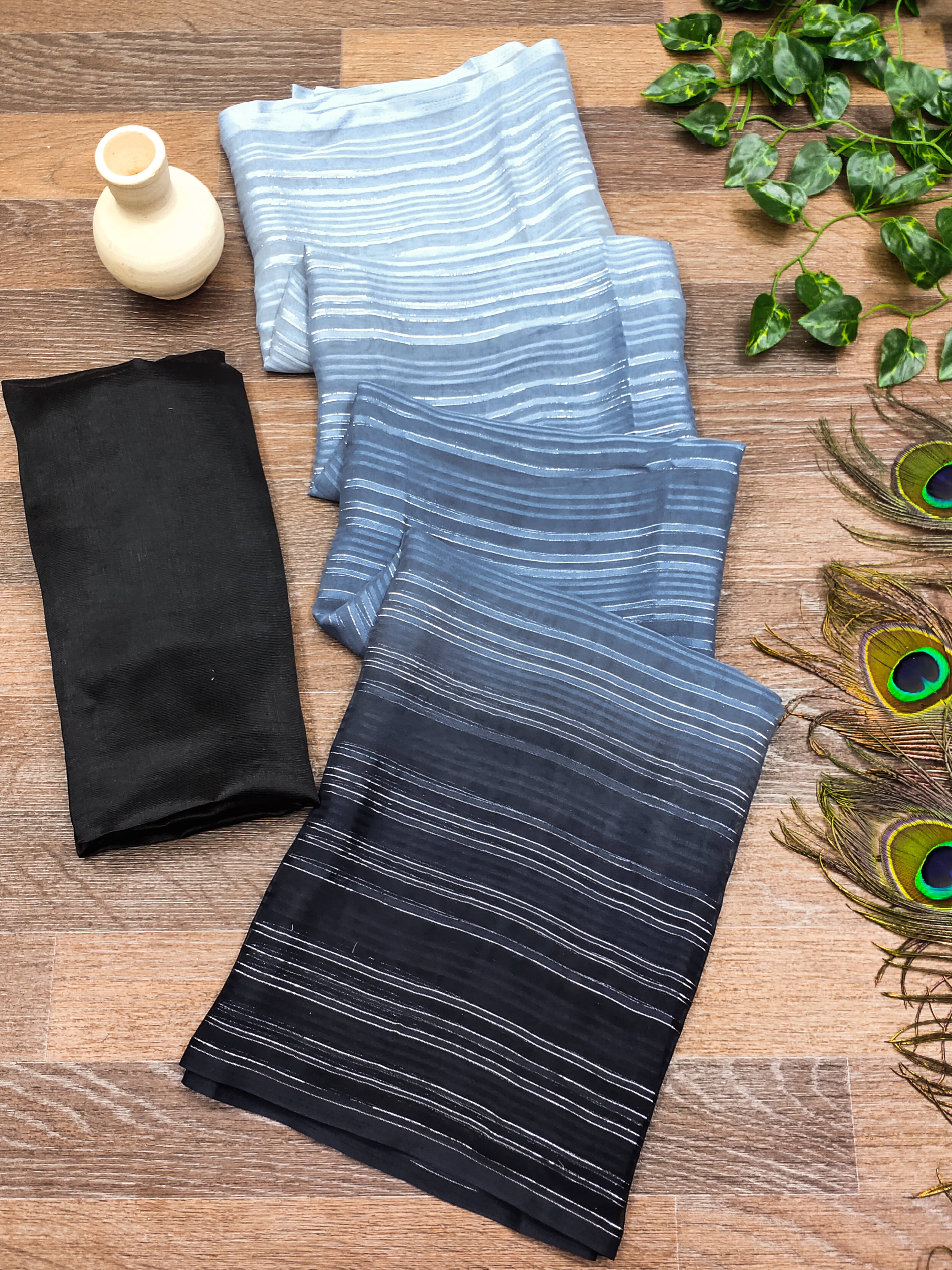     			ANAND SAREES Satin Striped Saree With Unstitched Blouse Piece ( Black )
