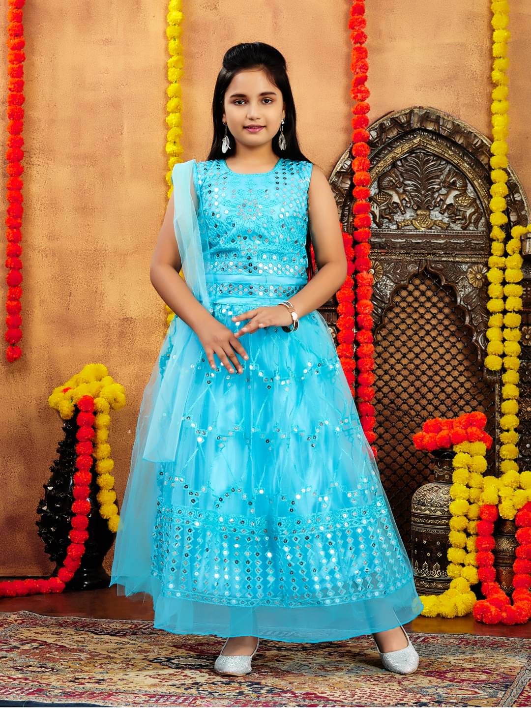Aarika Net Lehenga Choli Set For Girls ( Pack of 1 , Turquoise ) Aarika Net Lehenga Choli Set For Girls ( Pack of 1 , Turquoise )