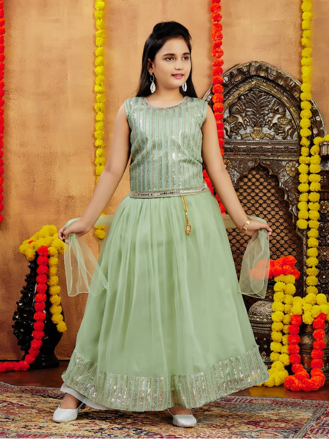     			Aarika Net Lehenga Choli Set For Girls ( Pack of 1 , Green )