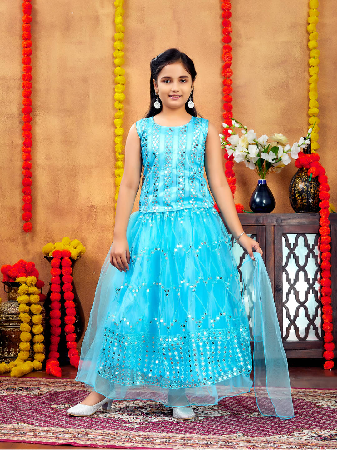     			Aarika Net Lehenga Choli Set For Girls ( Pack of 1 , Turquoise )
