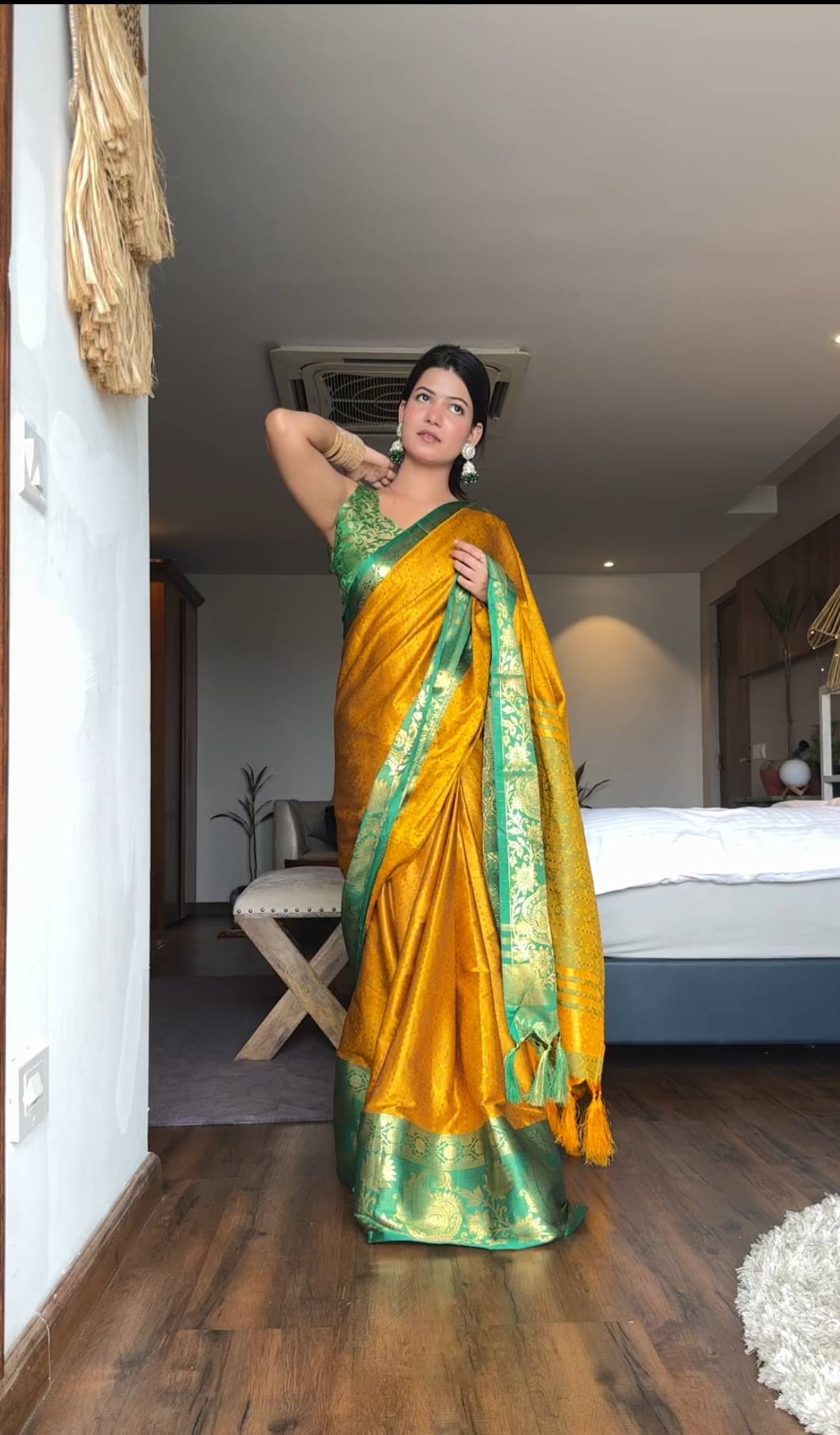 Apnisha Kanjivaram Silk Embellished Saree With Unstitched Blouse Piece ( Green )     			Apnisha Kanjivaram Silk Embellished Saree With Unstitched Blouse Piece ( Green )